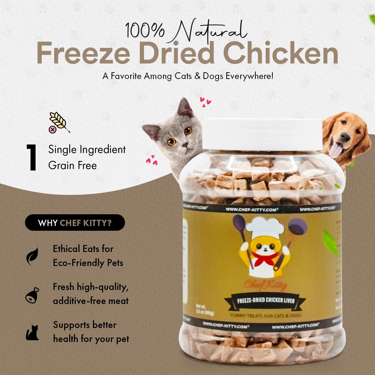 Chef Kitty Freeze-Dried Chicken Liver Treats for Cats & Dogs - 100% Human Grade, Single Ingredient, High-Protein, Healthy Snack