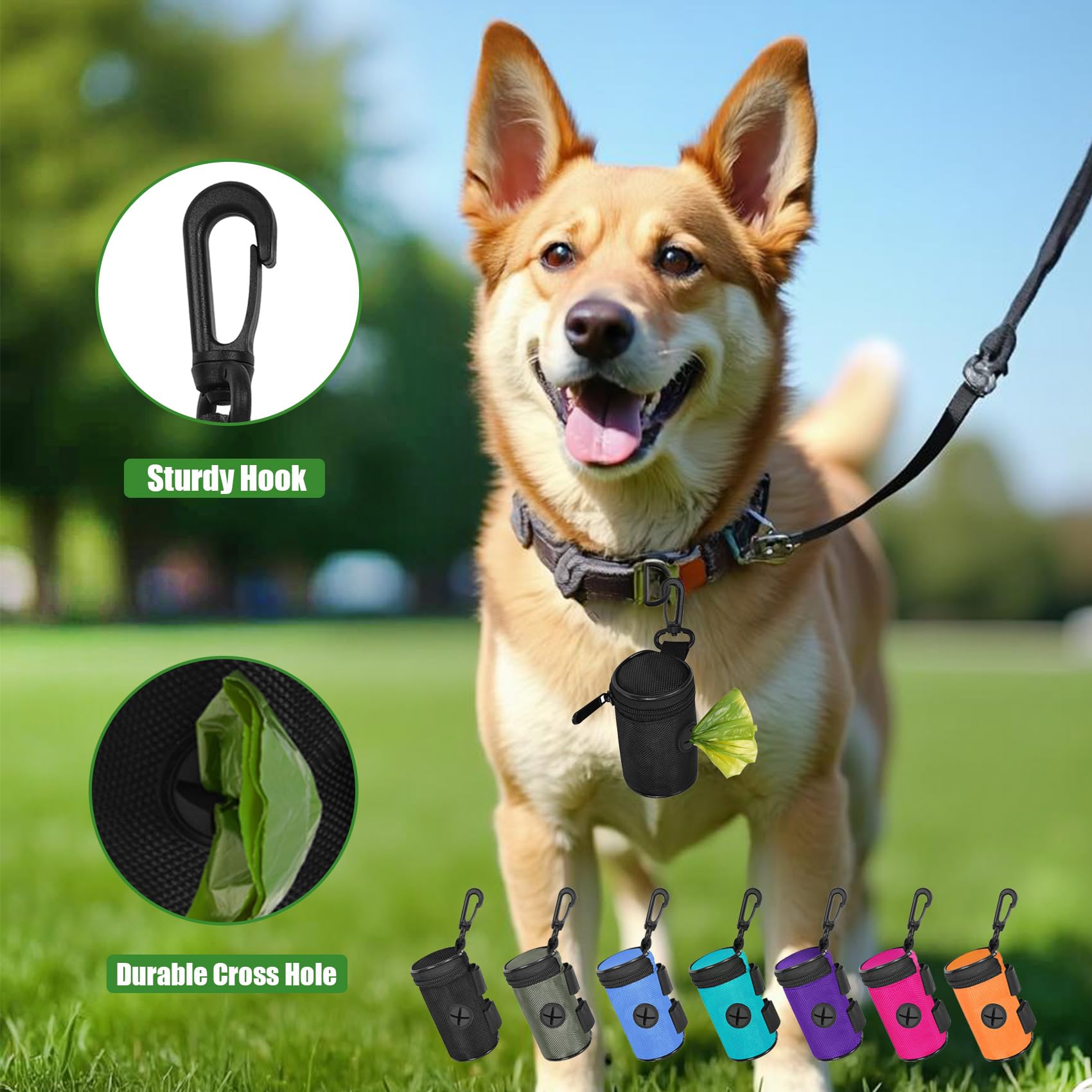 Dog Poop Bag Holder for Leash Attachment - Waste Bag Dispenser for Leash - Fits Any Dog Leash - Portable Set with Hand Free Hold