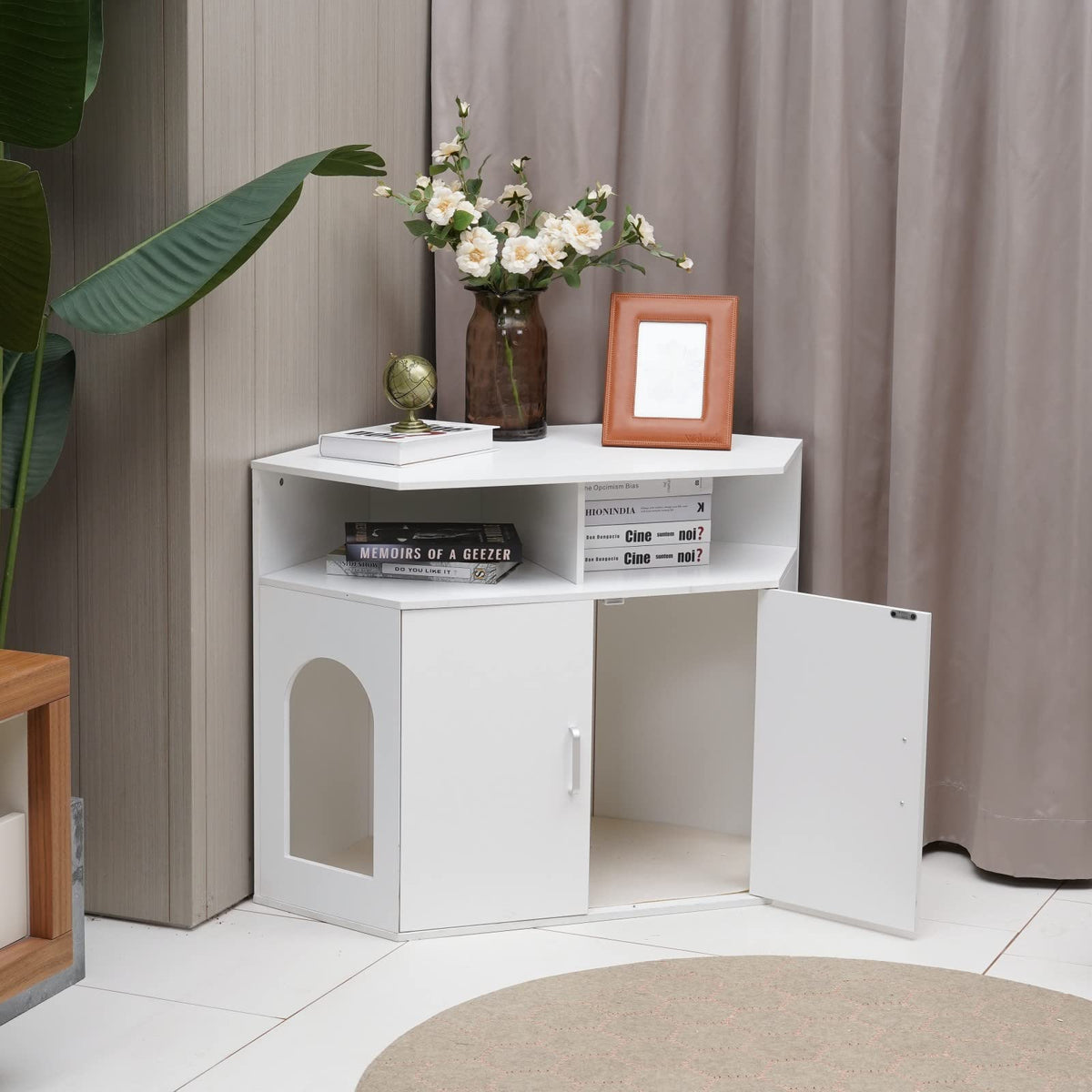 Yu Yusing Corner Litter Box Enclosure, Cat Litter Box Furniture Hidden, Cat House For Large Cat, Pet Cabinet Furniture With Doub