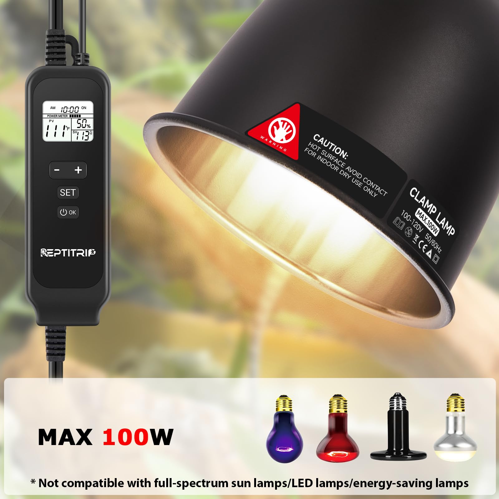 REPTITRIP 5.5 Inch Day-Night Thermostatic Reptile Heat Lamp Fixture - Black Aluminum, Model LFO5X, Max 100W (Bulb Not Included