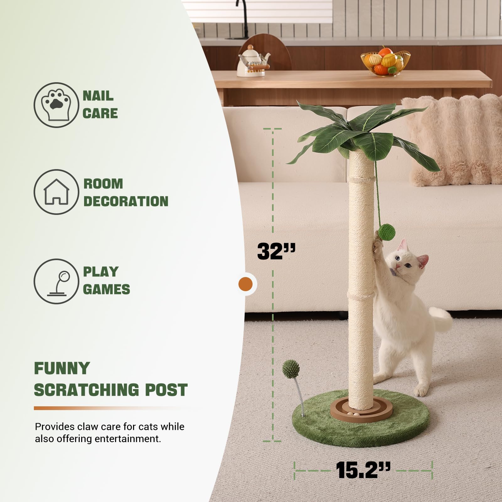 Aplatho Tall Cat Scratching Post For Kitten Large Cats, Sturdy Cat Scratching Post Cute With Ball Track