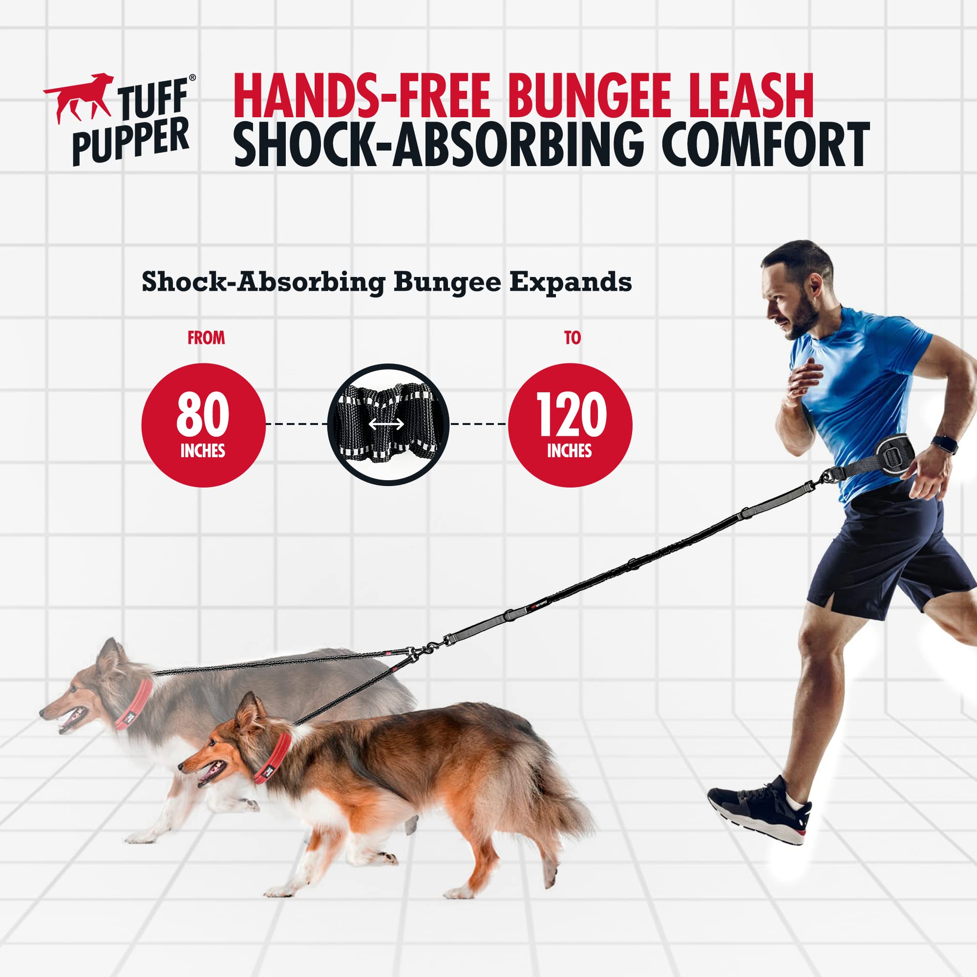 Tuff Pupper Heavy Duty Hands Free Bungee Dog Leash | Two Large Dogs Up To 250 Lbs | Comfortable Shock Absorbing Bungee | Reflect