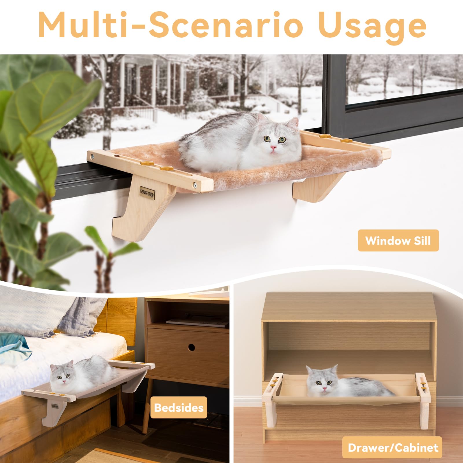 Petsfit Cat Window Perch, Hammock Window Seat With Solid Wood Support, Metal Frame & 2 Removable Pads, Easy To Adjust & Assemble