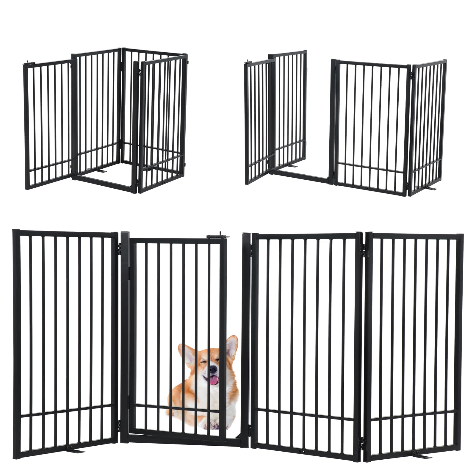 Smonter Free Standing Dog Gate With Door Walk Through, 80.5'' Extra Wide Indoor Dog Fence, 31.5'' Height 4 Panels Foldable Metal