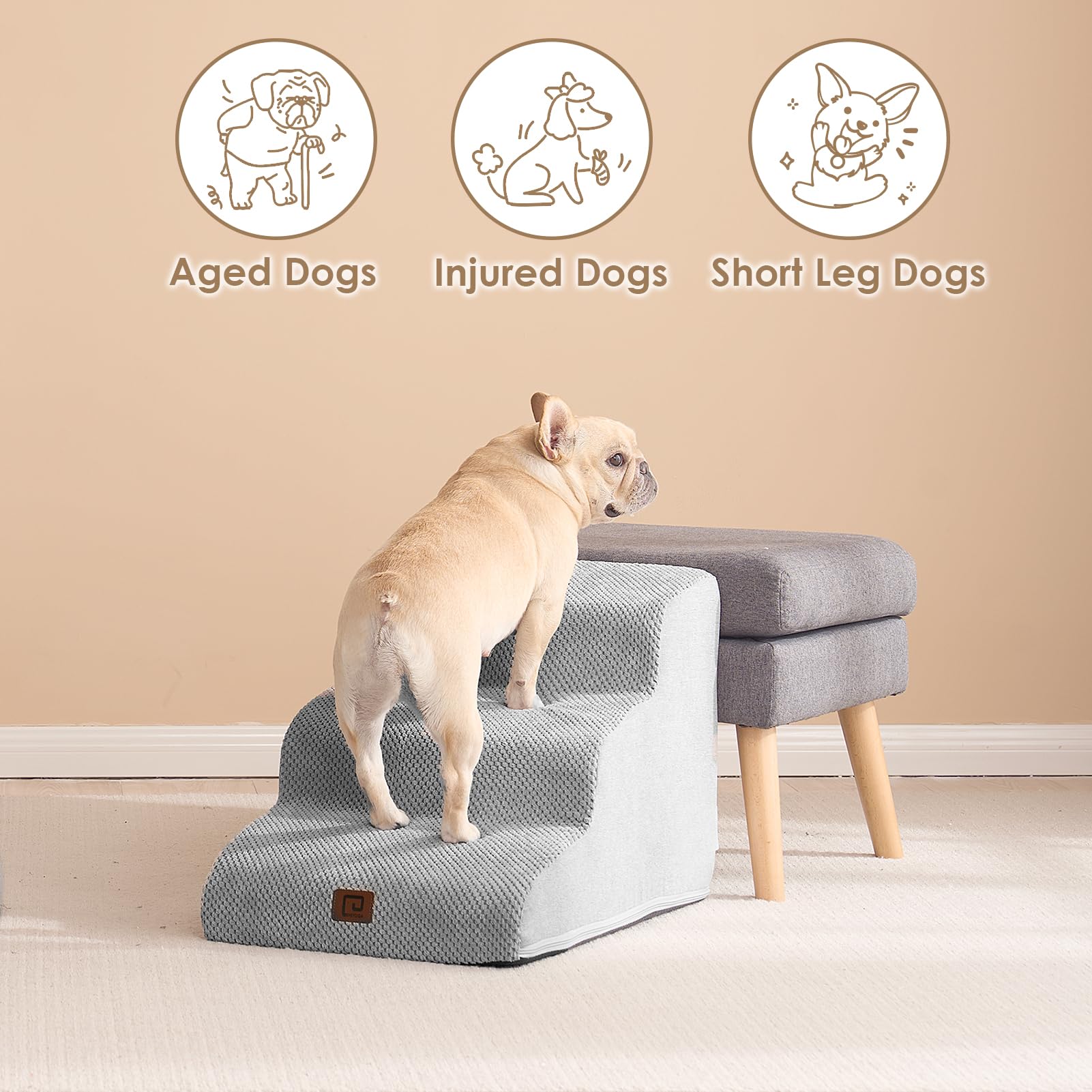 Eheyciga Curved Dog Stairs Ramp For Small Dogs 15.7' H, 3-Step Dog Steps For Couch Sofa And Chair, Pet Stairs For Cats, Non-Slip Balanced Pet Steps Indoor, Light Grey