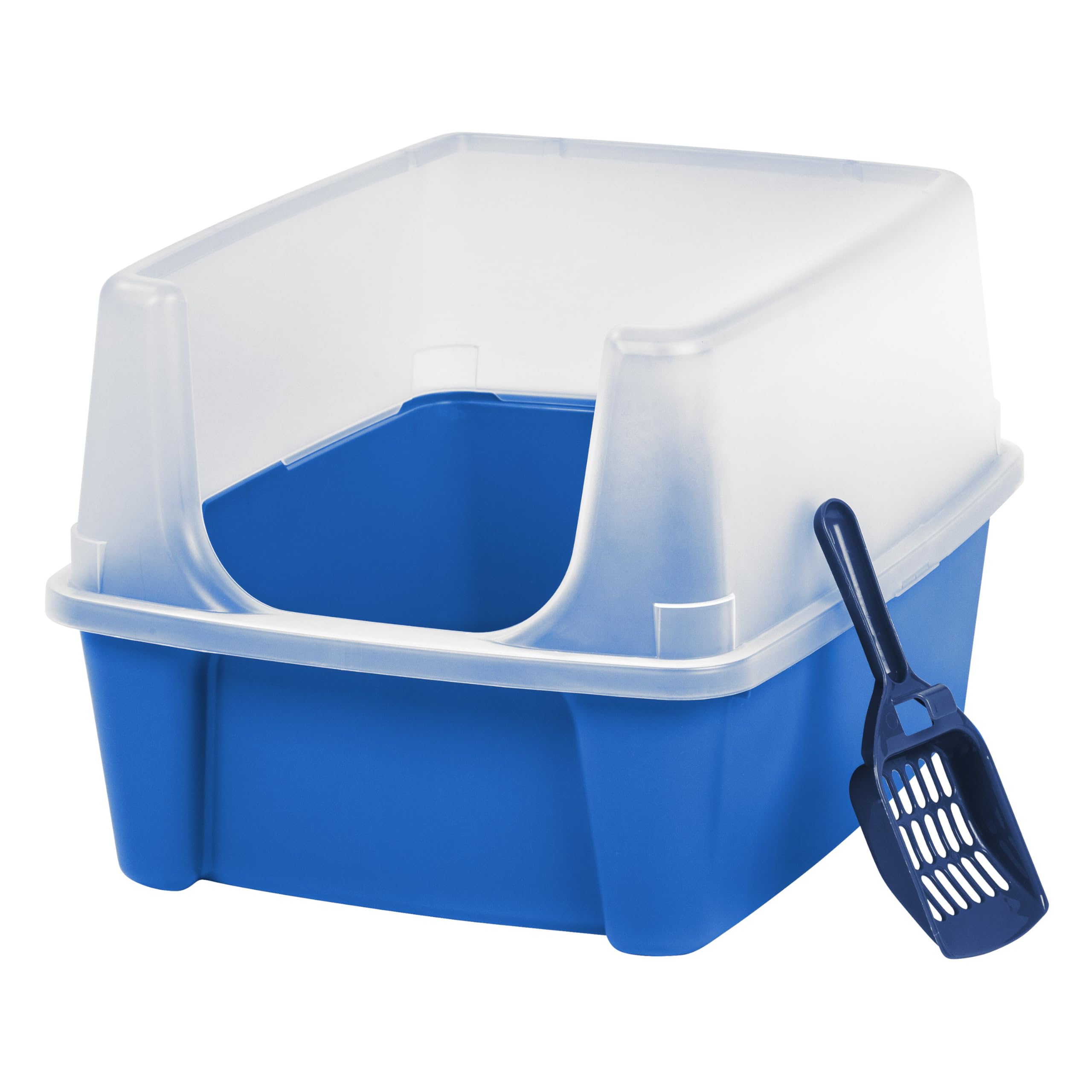 Iris Usa Large Cat Litter Box With Scatter Shield And Scoop, Open Top High Sided Cat Litter Pan, Blue