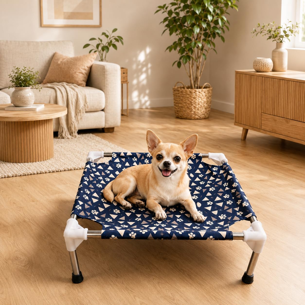 ZEXSAZONE Folding Elevated Dog Bed 50x50x17 cm | Cooling Pet Cot for Small Dogs & Cats | Breathable Canvas Fabric, SS 302 Frame,
