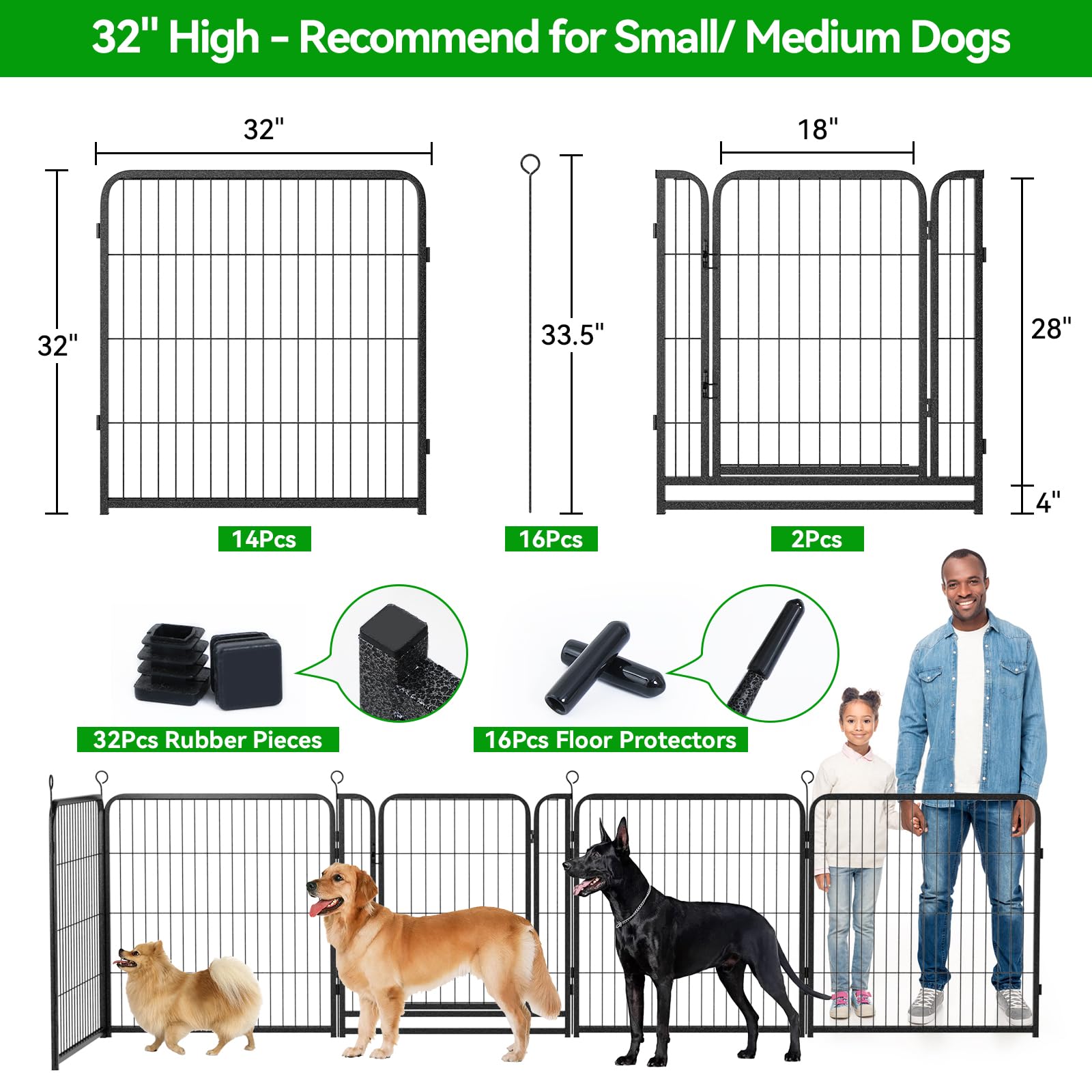 Kfvigoho Dog Playpen - Extra Wide 16 Panels, 32" Height, Heavy Duty Outdoor Fence, Portable for RV/Yard, Snowy Black, 42FT Total Area