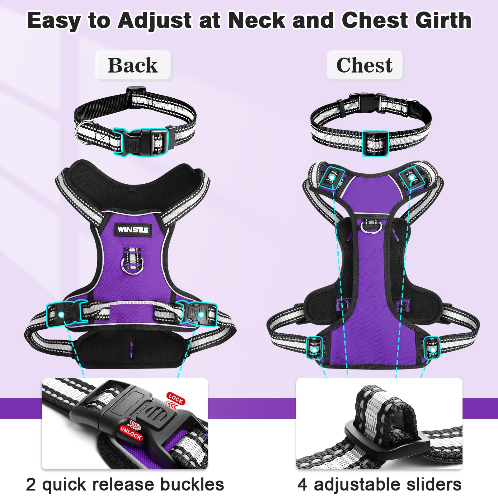 Winsee Dog Harness No Pull, Pet Harnesses With Dog Collar, Adjustable Reflective Oxford Outdoor Vest, Front/Back Leash Clips For