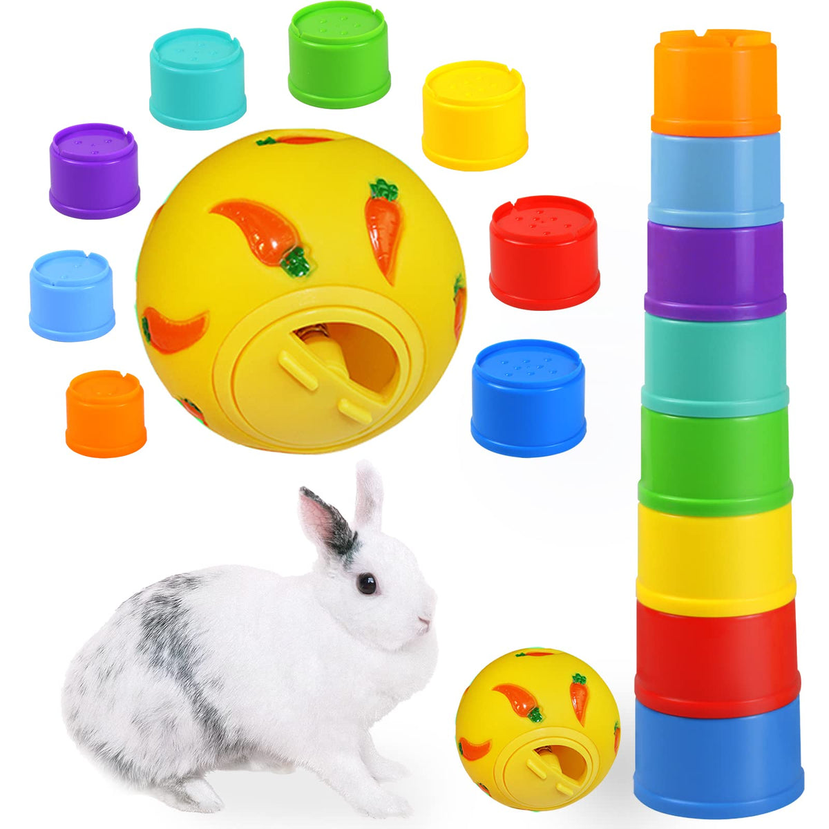 Qtywacyq 9 Pack Rabbit Stacking Cups And Bunny Treats Balls, With Multi Colored Plastic Bunny Stacking Cups Rabbit Toys, For Gui