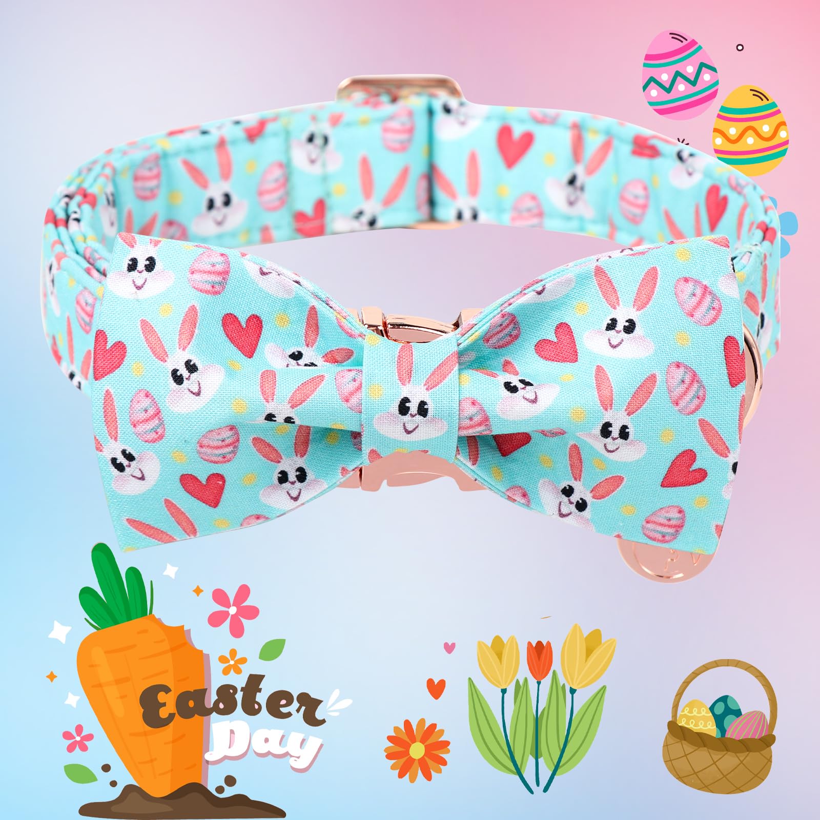 Dogwong Cotton Easter Dog Collar With Bowtie, Soft Adjustable Blue Bunny Easter Day Dog Collar Cute Colorful Egg Puppy Collar Fo