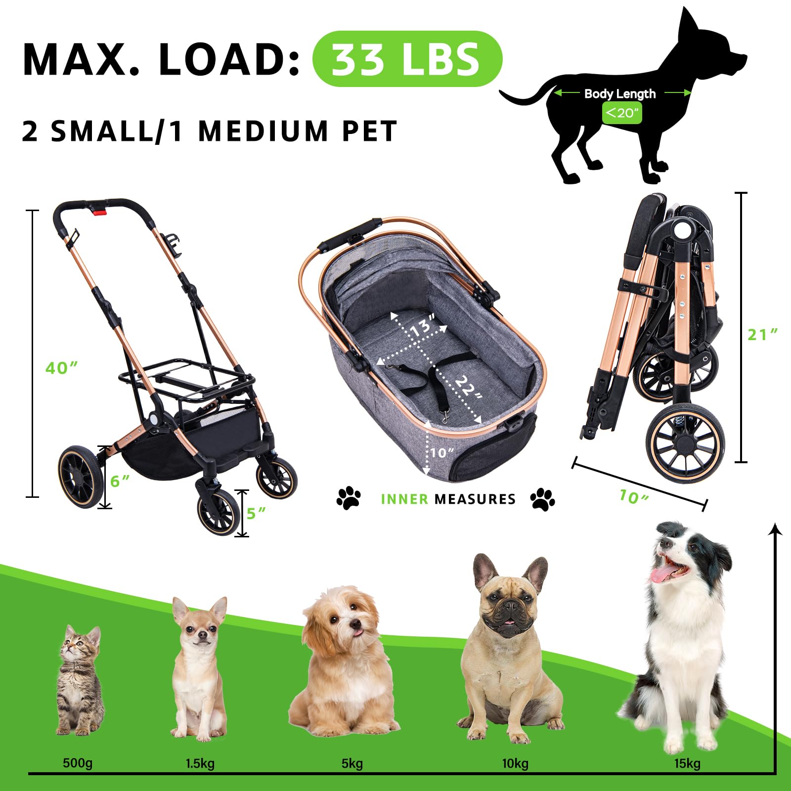 Lensemus Foldable Medium Dog Stroller - 3 In 1 Pet Stroller With Detachable Storage Basket 4 All-Terrain Rubber Wheels Pull Rod