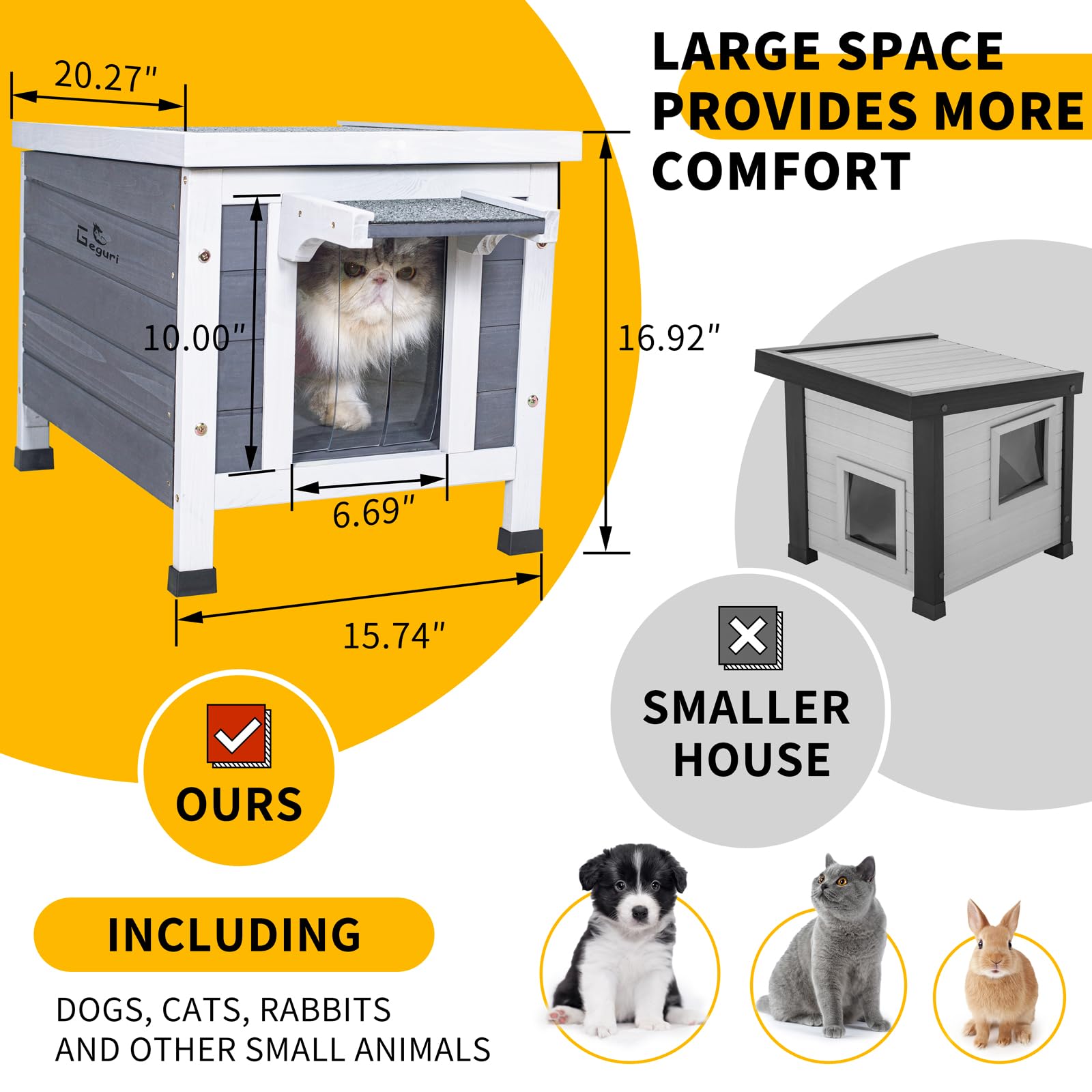 Geguri Outdoor Cat House, Weatherproof Shelter For Ferrel Cats, Dogs, Rabbits Hutch With Elevated Floor, Asphalt Roof