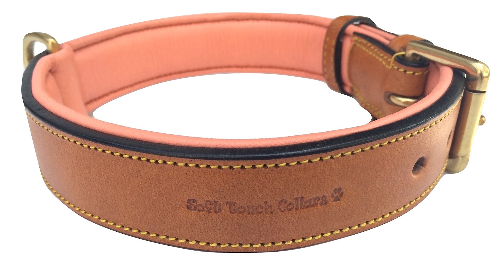 Soft Touch Collars Leather Dog Collar, Padded For Comfort, Large Tan And Coral, Real Genuine Luxury Leather