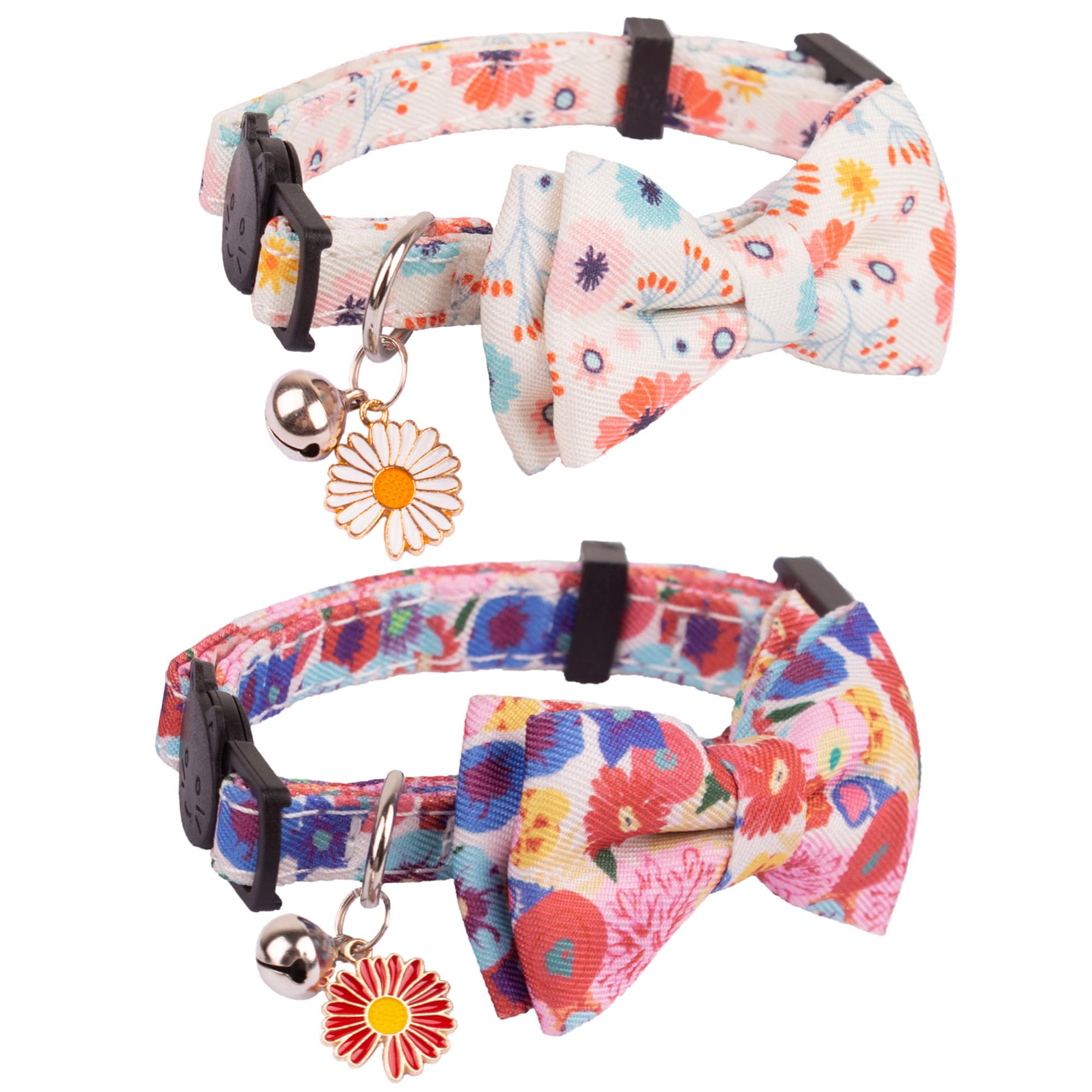 Adoggygo Floral Cat Collar Breakaway With Bow Tie Bell - 2 Pack Cute Flower Collars With Removable Bowtie Floral Bowtie Collars