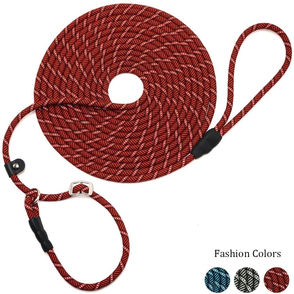 Yucforen 10Ft / 20Ft Long Slip Lead Dog Leash, 3/8' Thick Nylon Reflective Rope Anti-Choke Training Lead For Medium Large Dogs (20Ft * 3/8', Red)