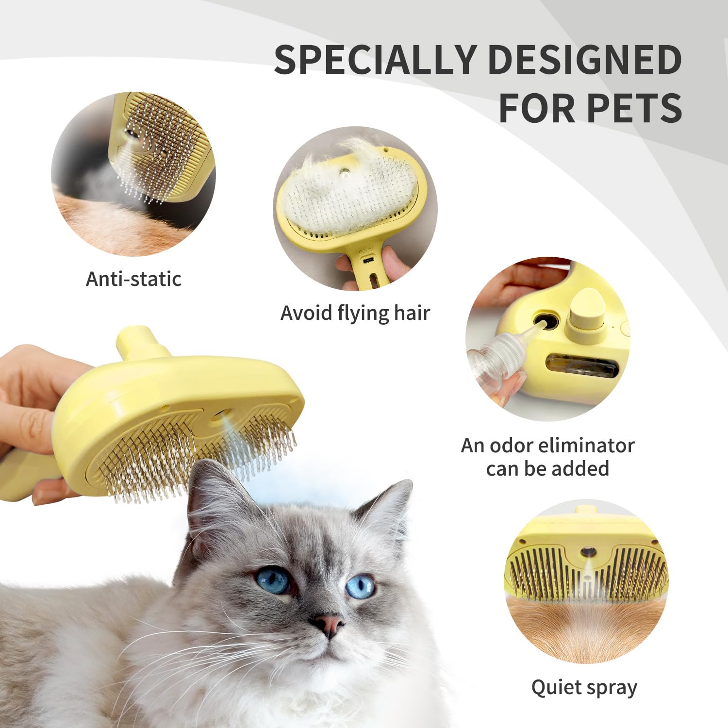 Pecait 3 In 1 Steamy Brush with Release Button and Tank, Anti-Static Pet Brush for Long and Short Hair Pets to Remove Tangles an