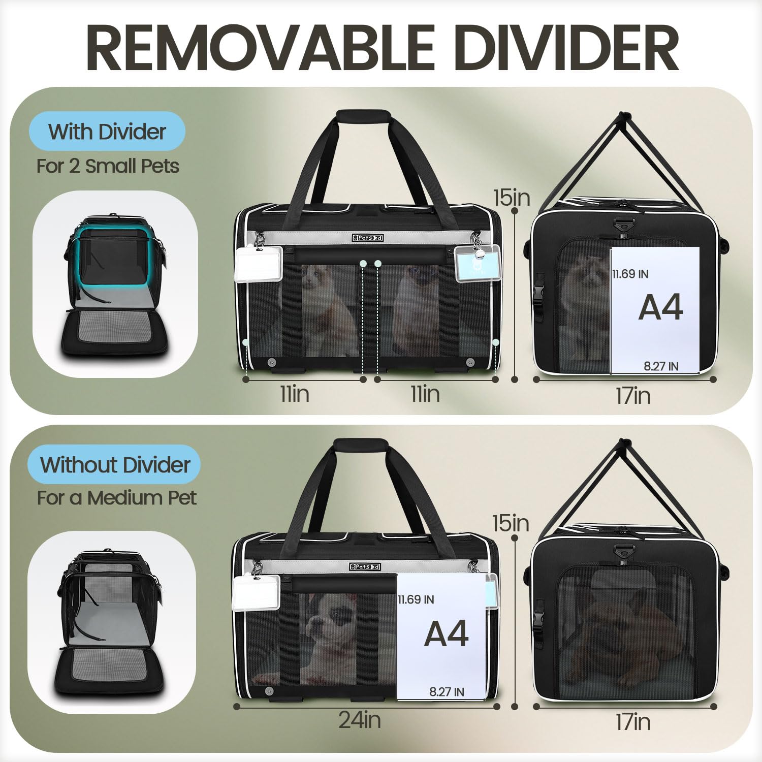 Petskd Large Rolling 2 Compartments Pet Carrier For 2 Cats Or A Medium Dog, 24''X 17''X 15'' Double Cat Carrier With Wheels And