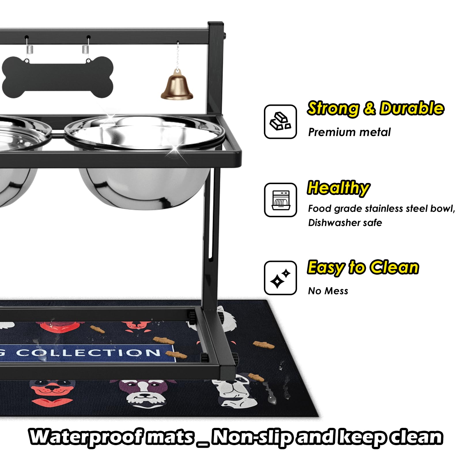 SHAINFUN Elevated Dog Feeder - Raised Bowls Stand with Spill Proof Mat, Adjustable Height, Slow Feeder, Stainless Steel, for Lar