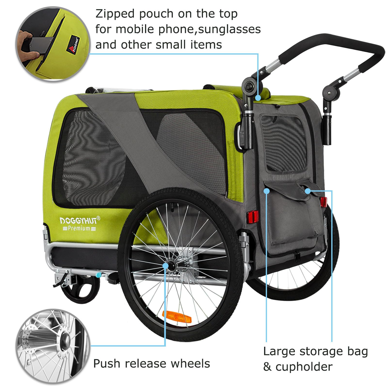 Doggyhut Premium Pet Bike Trailer & Stroller For Small,Medium Or Large Dogs,Bicycle Trailer For Dogs Up To 100 Lbs (Lime Green, Xl)