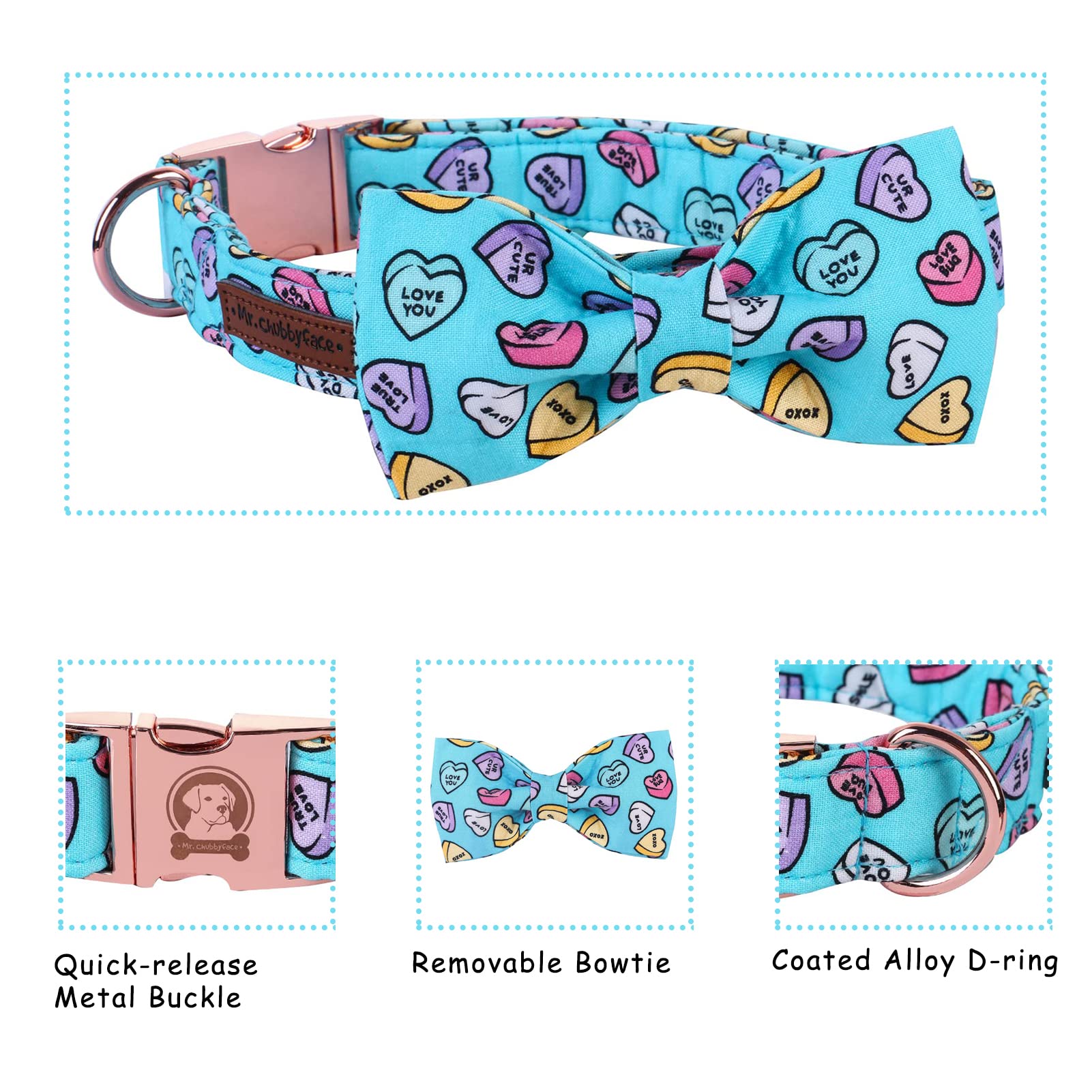 Mr. Chubbyface Valentine'S Dog Collar With Bowtie, Cute Blue Heart Dog Collar With Metal Buckle, Adjustable Cotton Collar For Sm