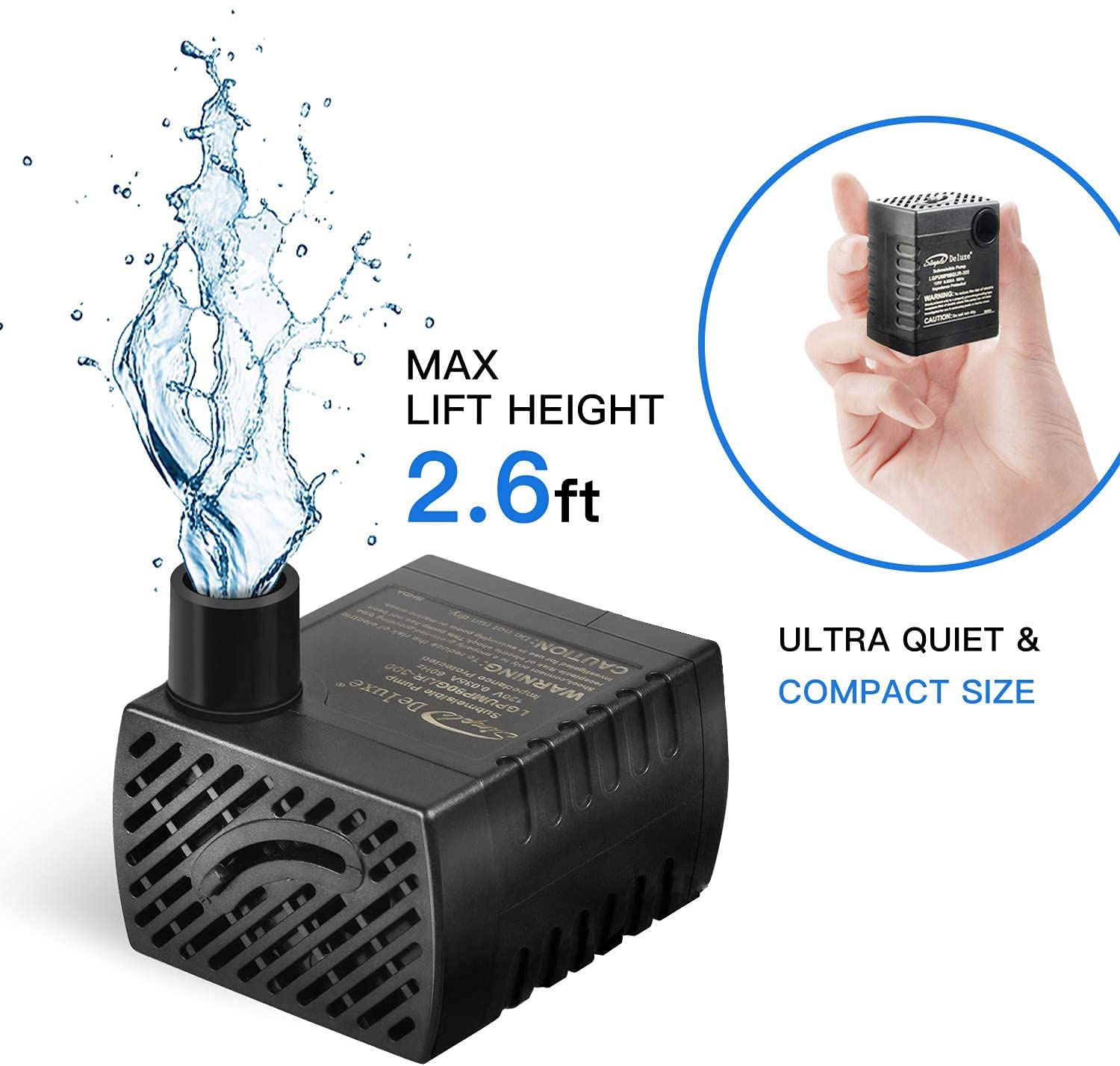 Simple Deluxe 80 GPH Submersible Pump with Adjustable Intake & 6 Waterproof Cord for Hydroponics, Aquaponics, Fountains, Ponds,