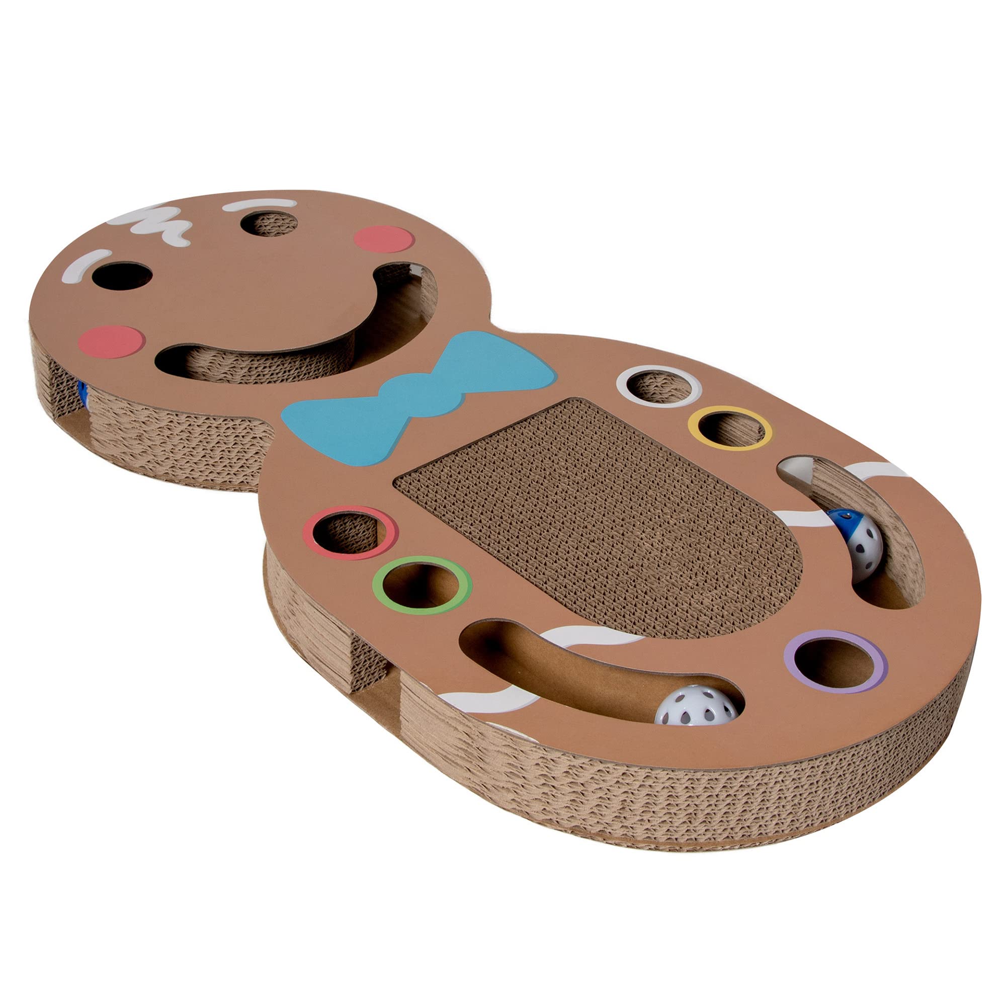 Furhaven Scratching Pad Ball Track Cat Toy W/ Catnip For Indoor Cats - Giant Gingerbread Man Holiday Corrugated Busy Box Scratcher - Brown, One Size