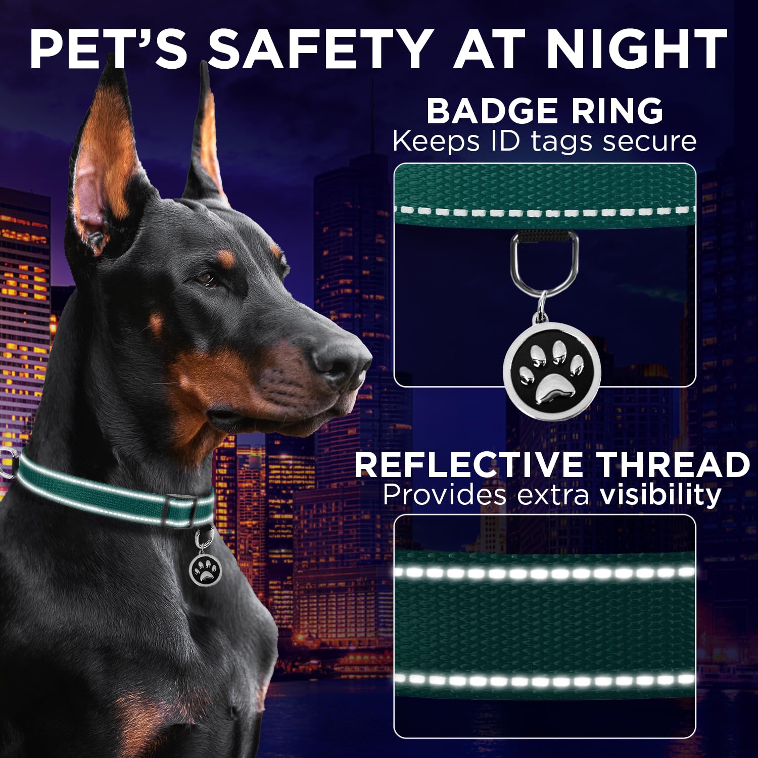Teceum Reflective Pet Collar - Dark Emerald Green - S - Extra Soft Padding - Nylon Dog Collar - Quick Release Buckle - Fits Smal