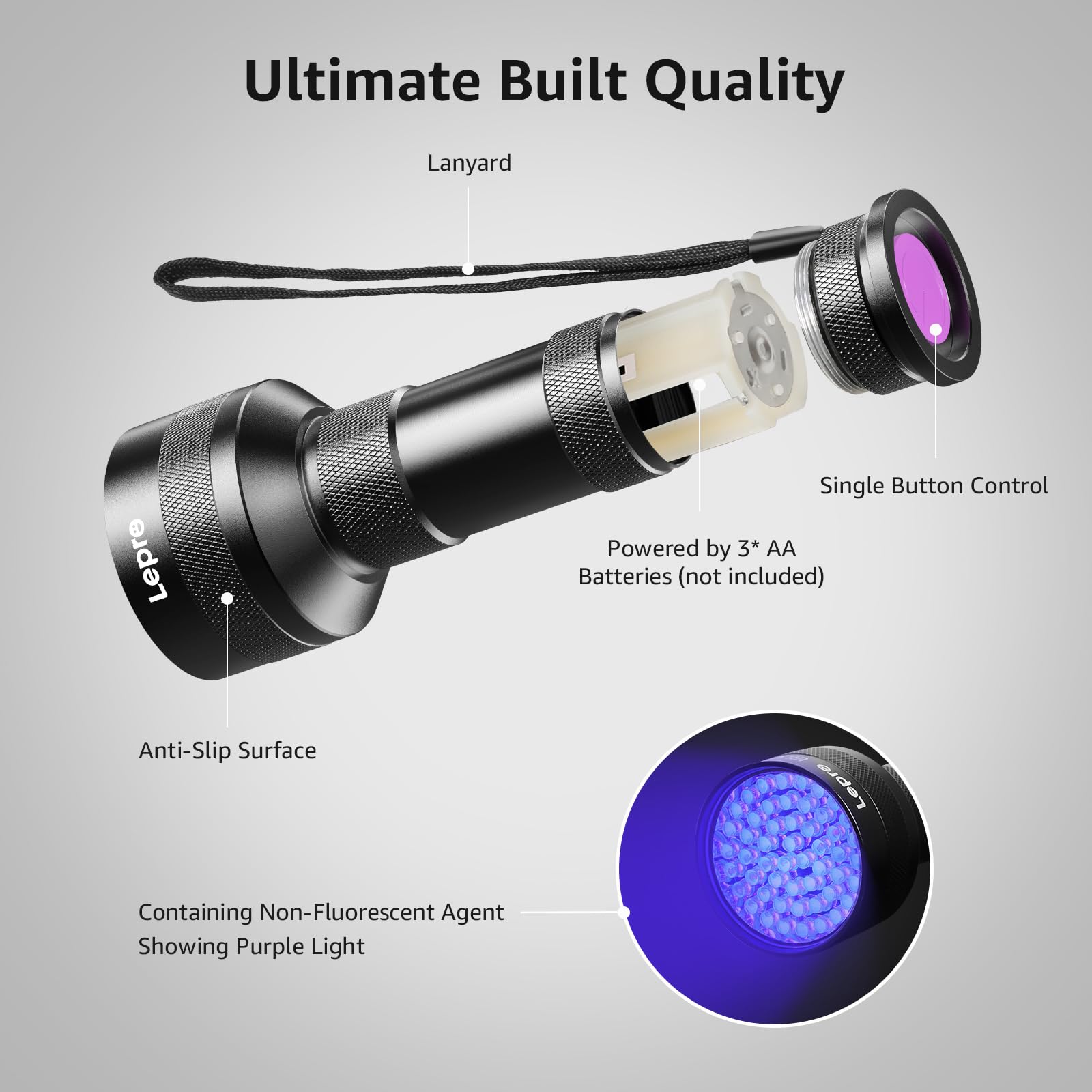 Lepro UV Flashlight Black Light, 51 LED UV Light Handheld Blacklight, 395nm Detector for Pet Urine, Stains, Bed Bug and Scorpion