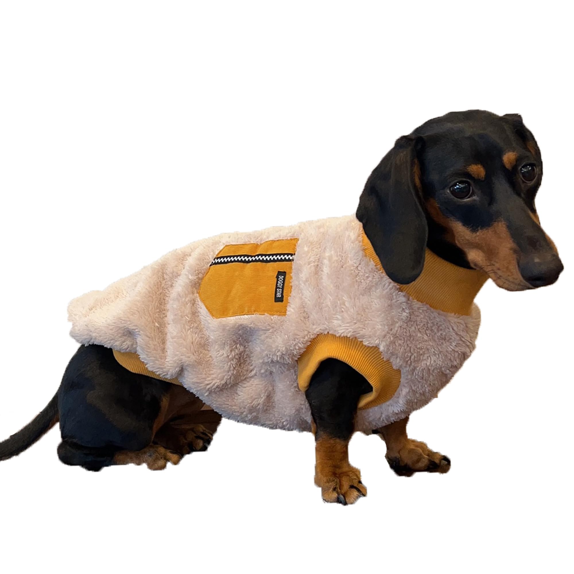 D Doggy Star Dachshund Sweater For Dogs Warm Fleece Clothes Winter Coat (S,Mustard Pocket)