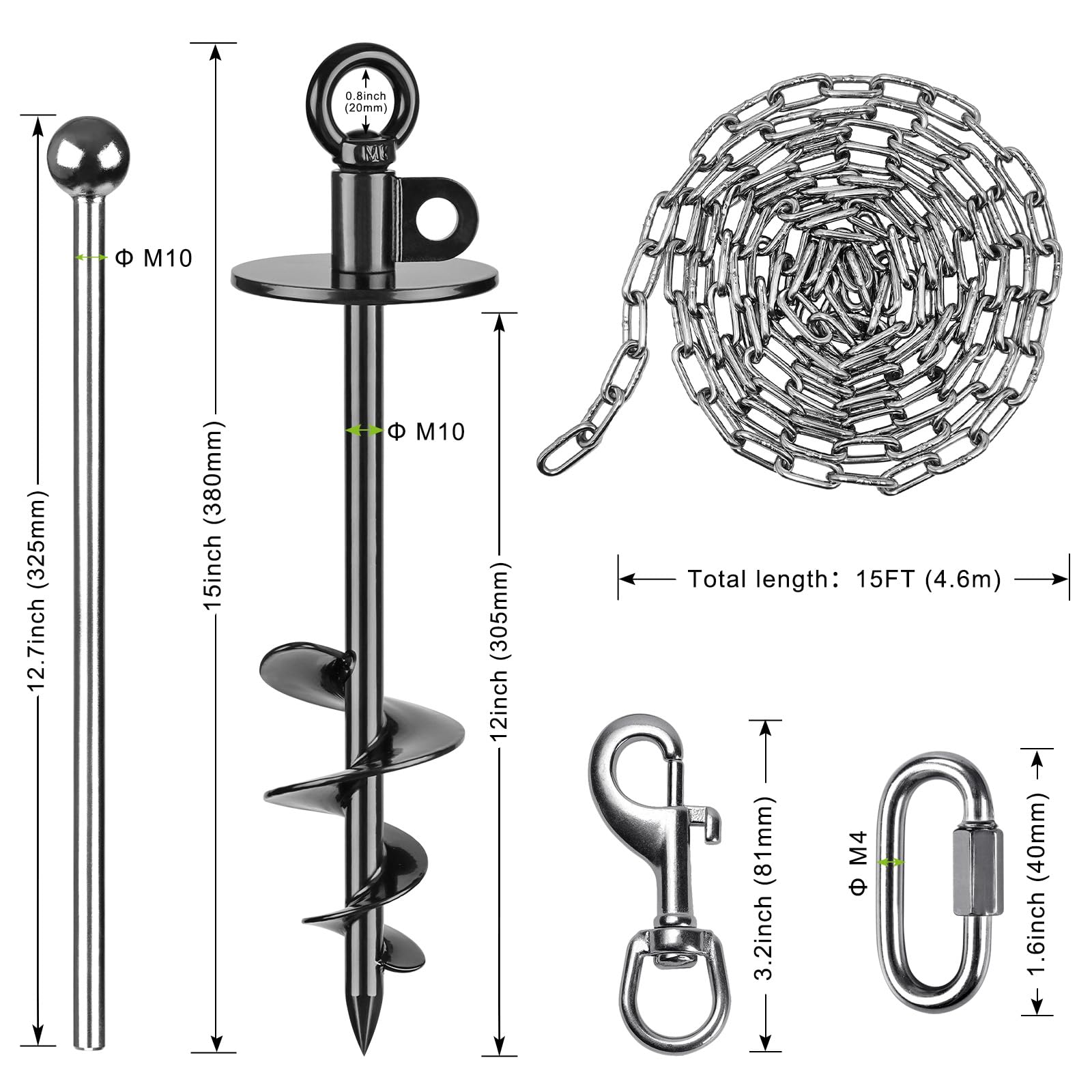 Lifeswell Dog Tie Out Chains And Stake, 15Ft Chew Proof Stainless Steel Dog Chains For Outside, 15'' Heavy Duty Dog Anchor For D