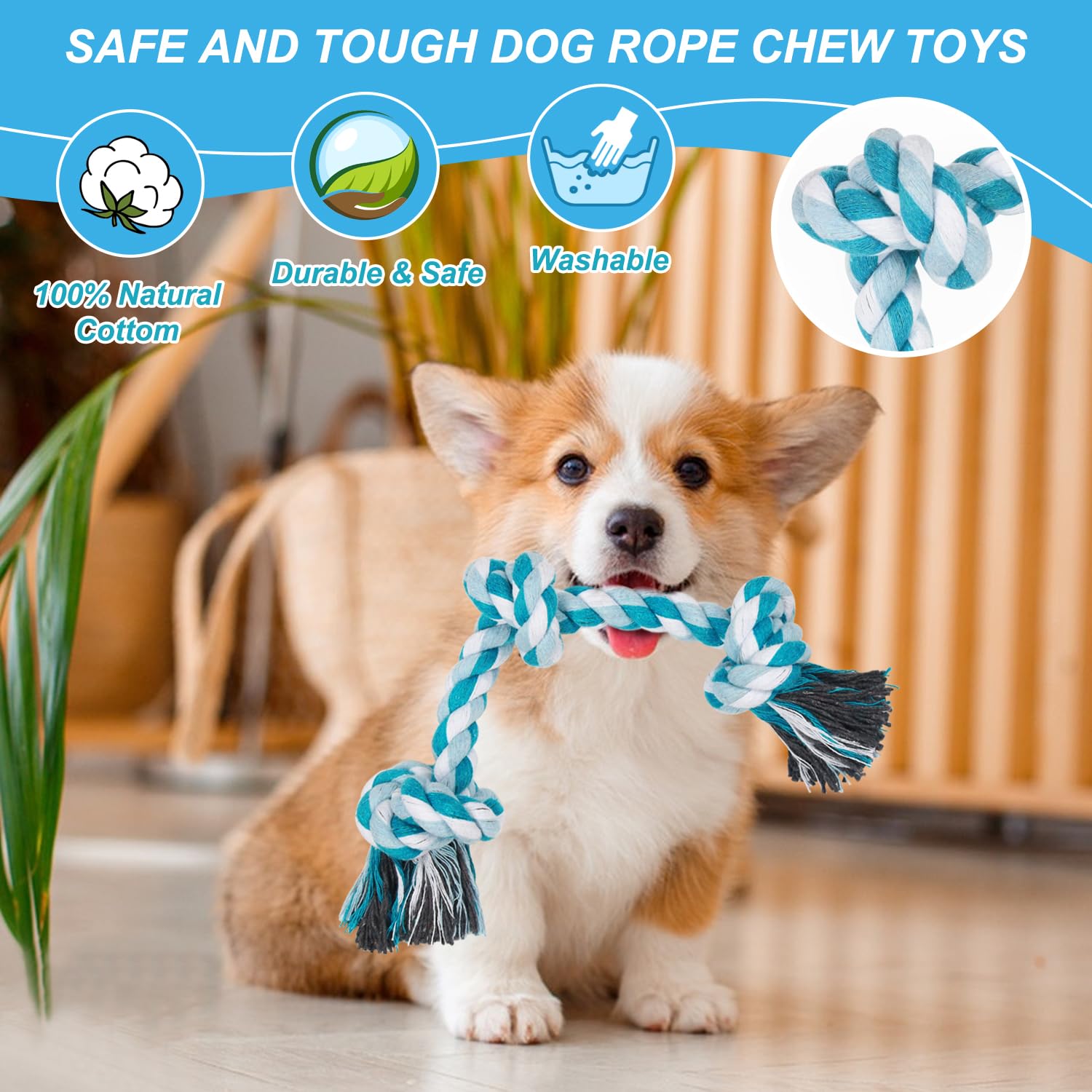Vivifying Dog Rope Toys, 3 Knots Durable Braided Cotton Pet Chew Rope Toys For Dog Cat Puppy Teeth Cleaning(Blue)