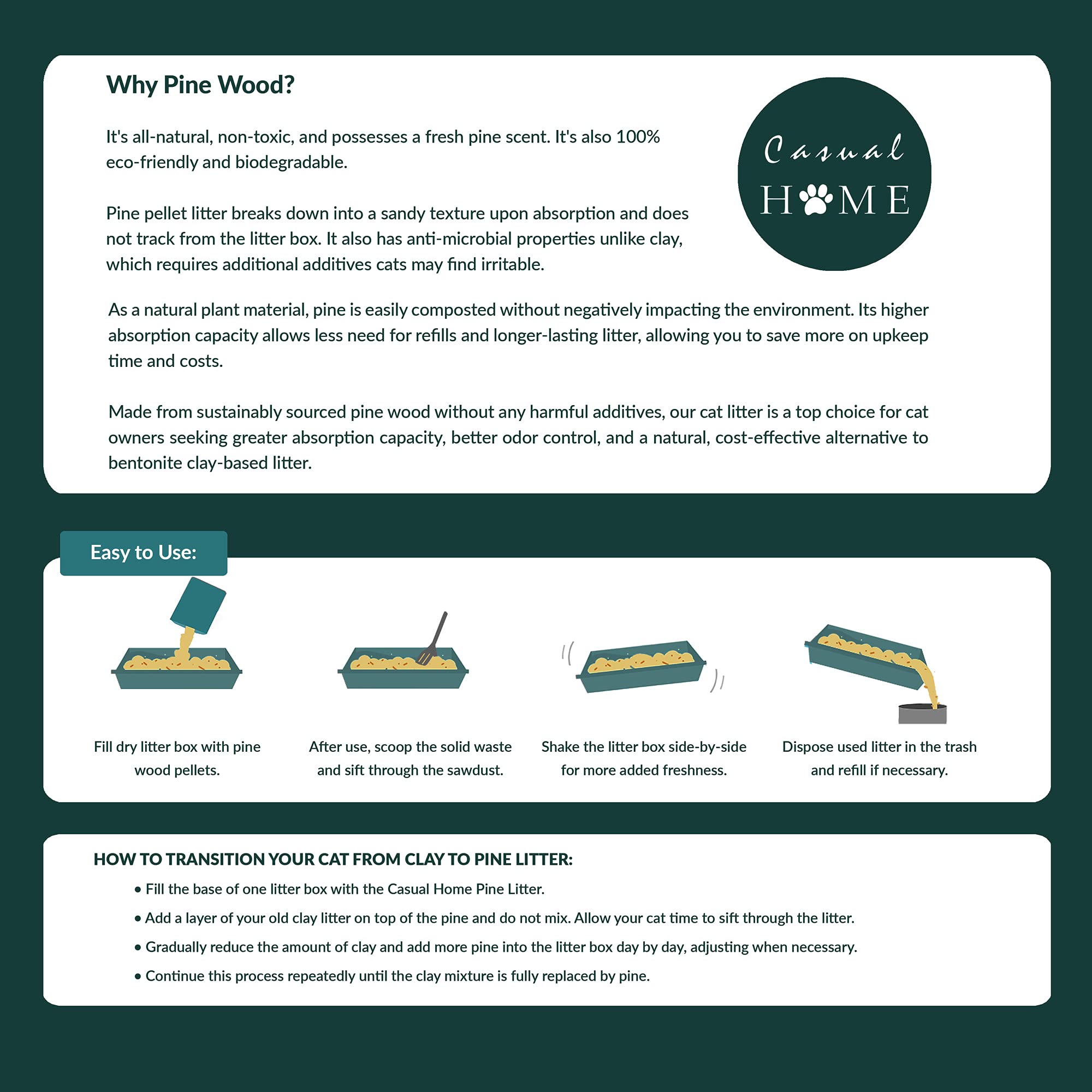 Casual Home 100% Natural Pine Wood Non-Clumping Cat Litter Wood Pellets - 8 Lbs