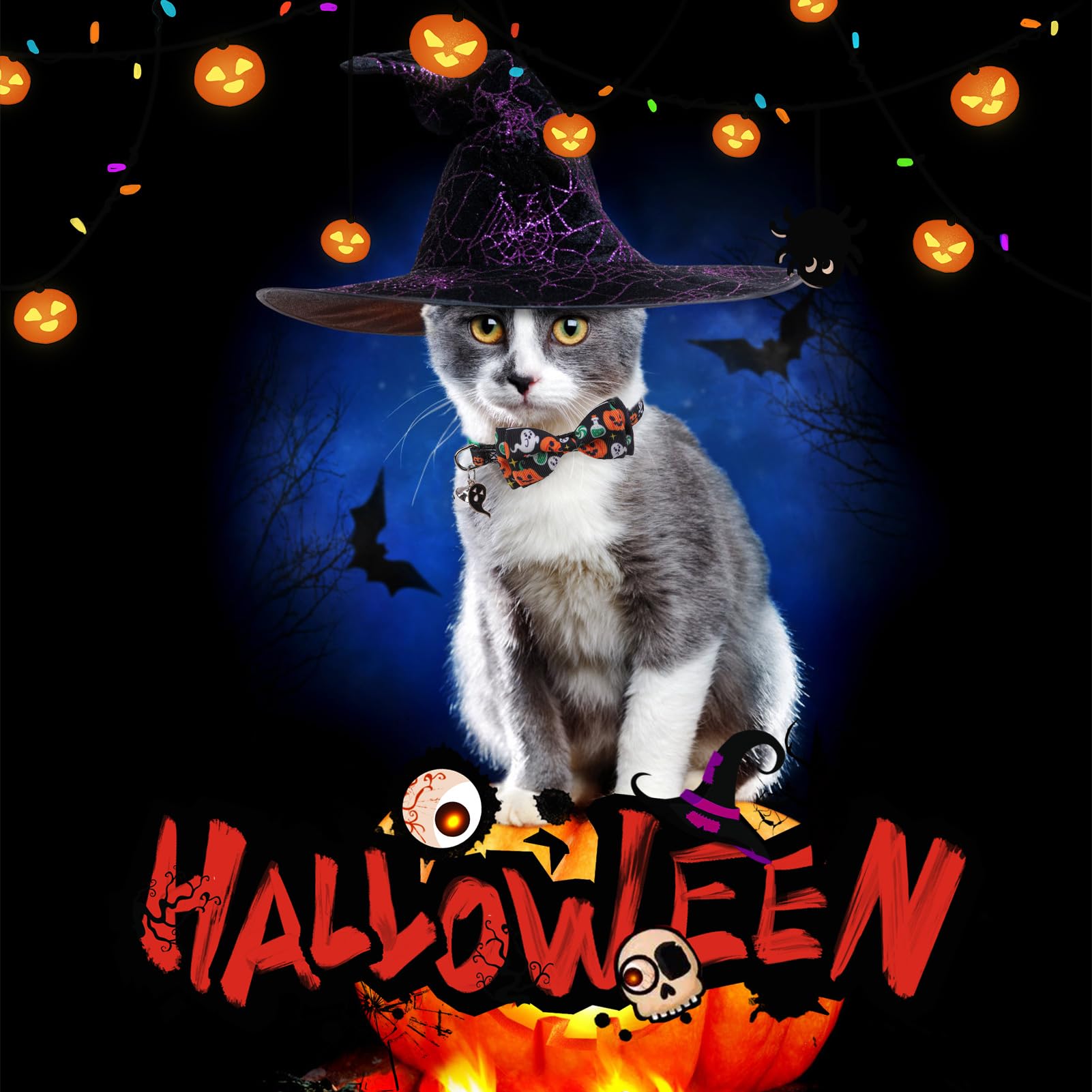 Scenereal Cat Collar Breakaway Halloween Theme 3 Pack, Safety Collars, Pet Accessory For Outdoor And House Cats Kittens, White B