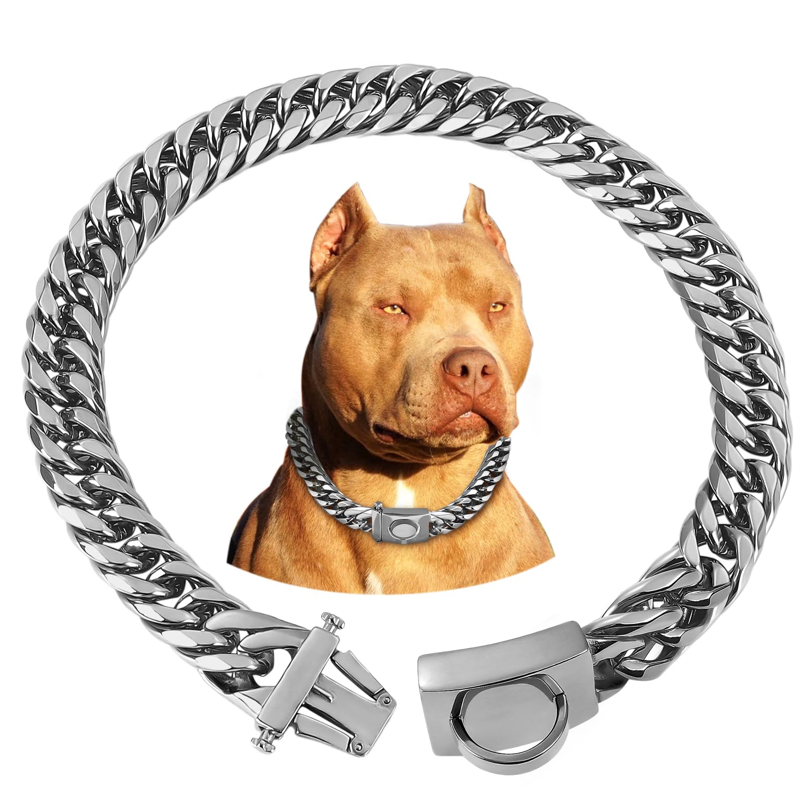 Baobote Silver Chain Dog Collar, 16Mm Heavy Duty Cuban Link Collar With Secure Snap Buckle, Chew Proof For Dogs (18'' Silver)