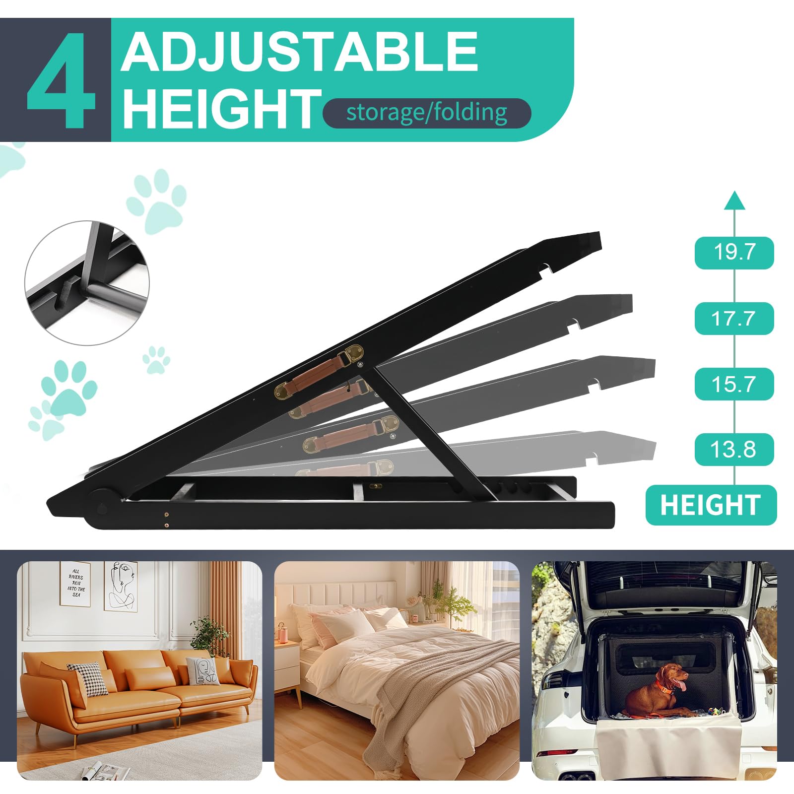Dog Ramp, Adjustable Height Wooden Folding Pet Ramp For Bed, Couch,Suv-High Traction, Portable Paw Ramps For Small & Large Old D
