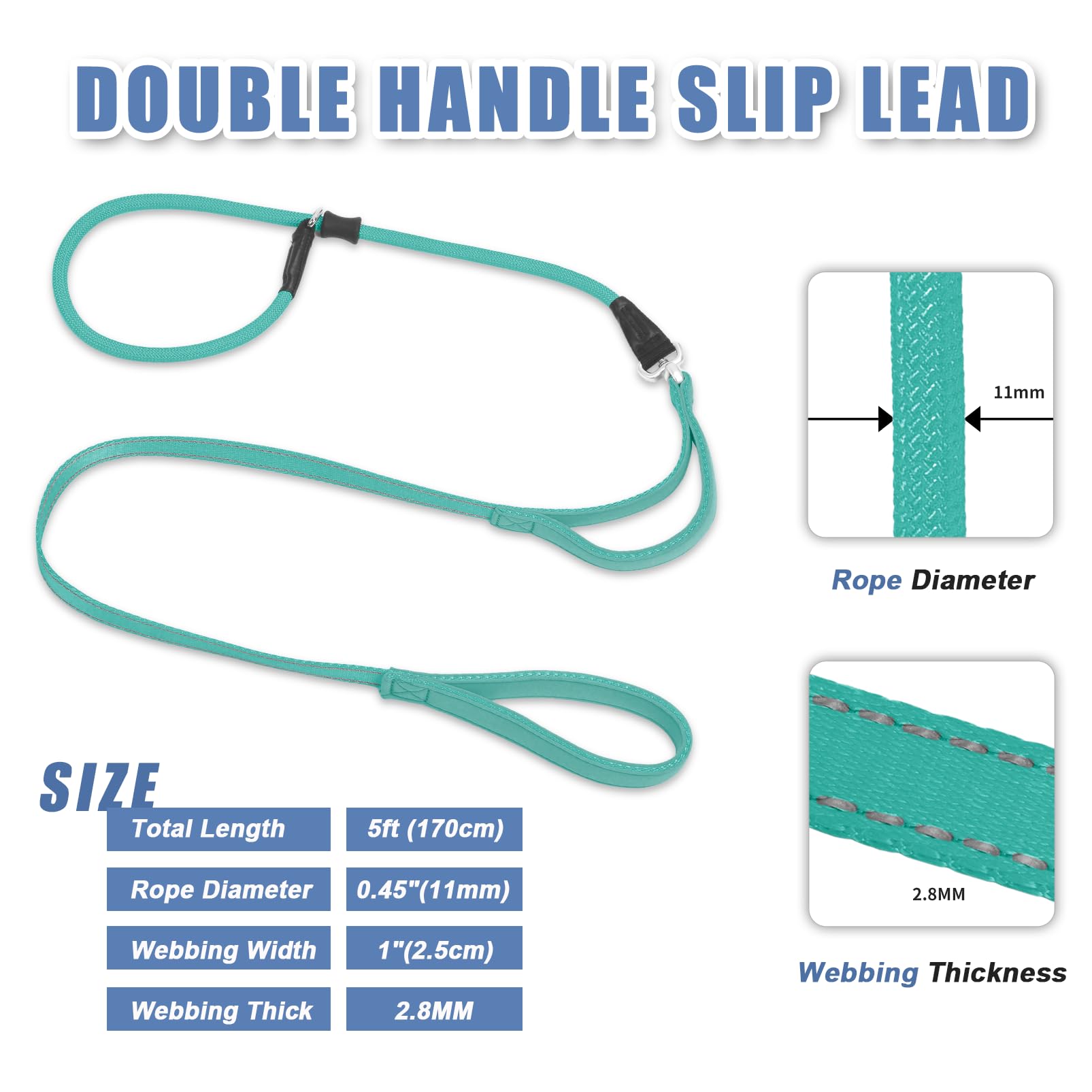 Slip Lead Dog Leash With Double Handle, Reflective Dog Training Leash [360 Swivel Anti-Tangle] Heavy Duty Nylon Slip Leash And C