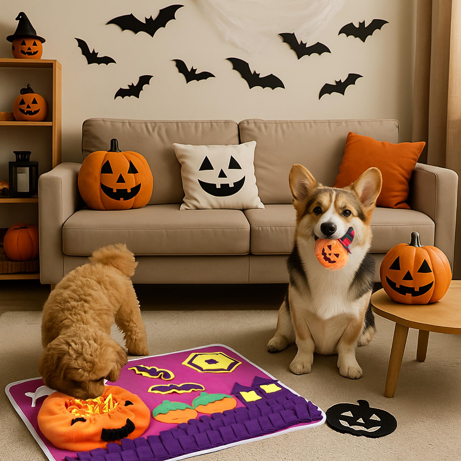 Skylety Halloween Snuffle Mat for Dogs Pumpkin Squeaky Plush Dog Toys Witch Bat Feeding Mat Hide Seek for Small to Large Dogs In