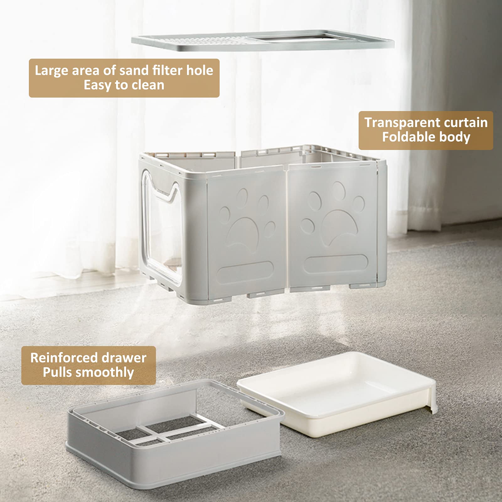 Cat Litter Box With Lid, Top Entry Cat Litter Box Pan, Enclosed Cat Potty, Anti-Splashing Cat Toilet, Foldable Litter Box Large Covered Cat Supplies With Scoop Brush And Garbage Bag