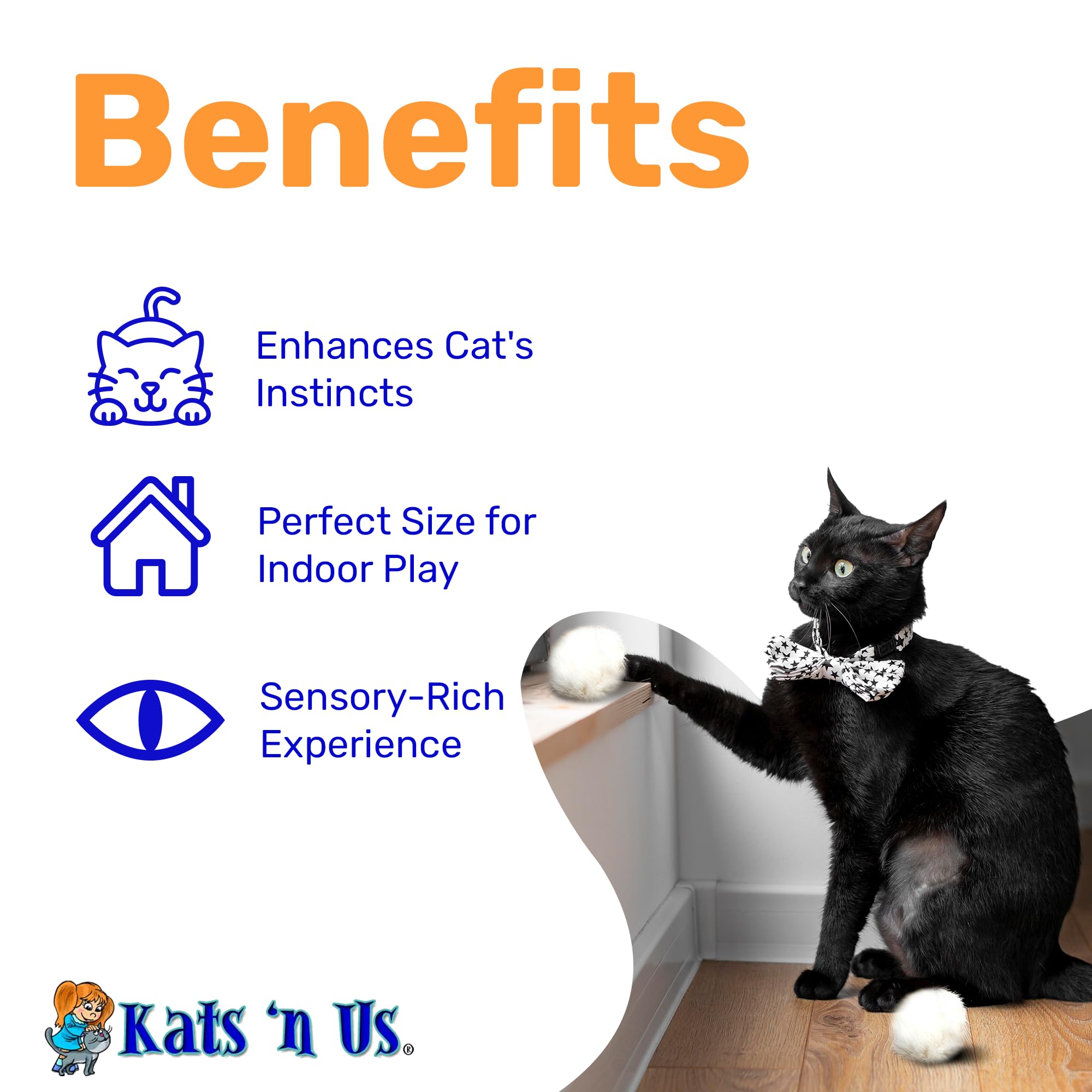 Kats'N Us Real Rabbit Fur Pom Pom Cat Toy - Jumbo Size - White Fuzzy Cat Balls For Interactive Play And Entertainment - 5 Pack