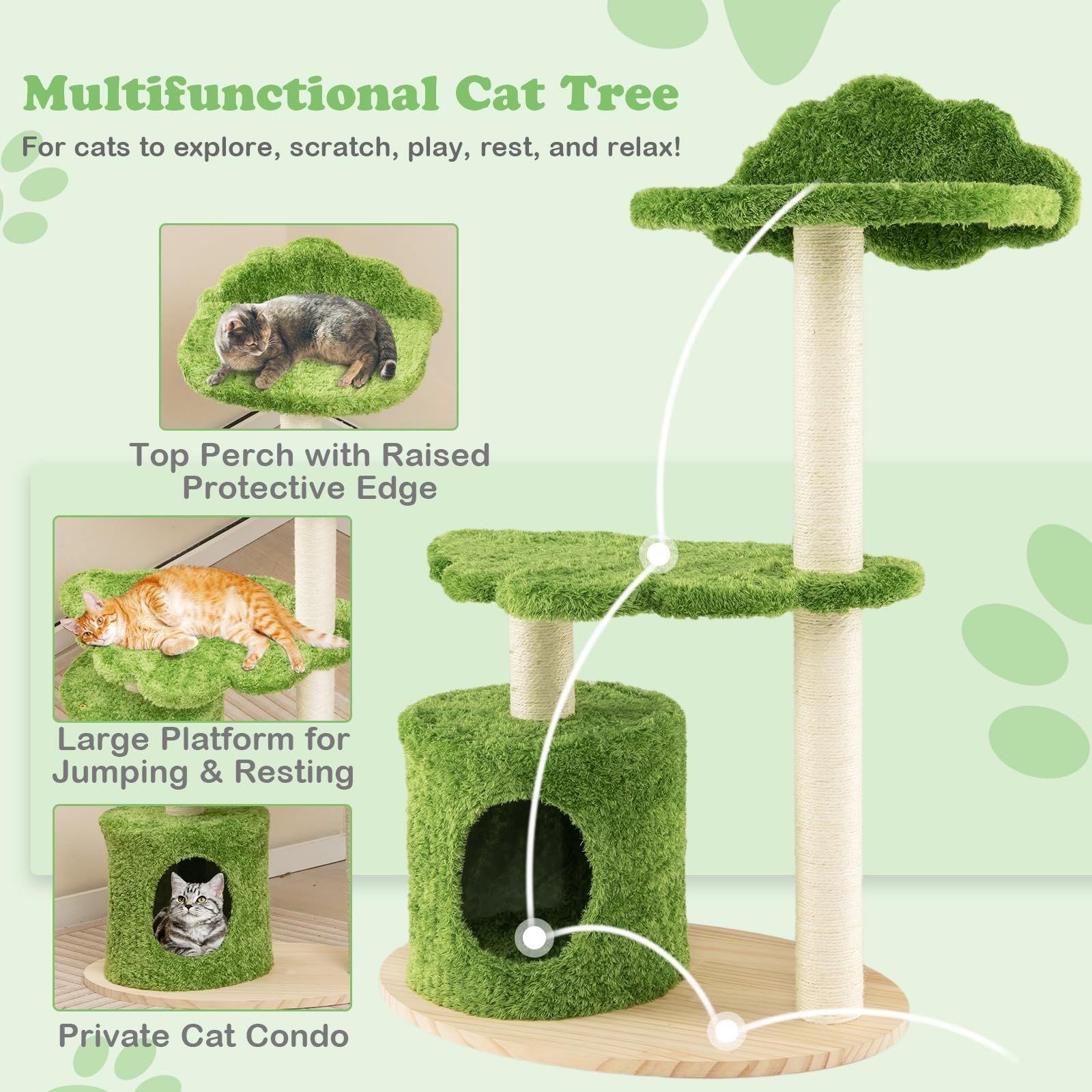 Tangkula Cat Tree Tower, Multi-Level Modern Wood Cat Tower With Sisal Scratching Posts, Top Perch, Solid Wood Base, Cute Cat Con