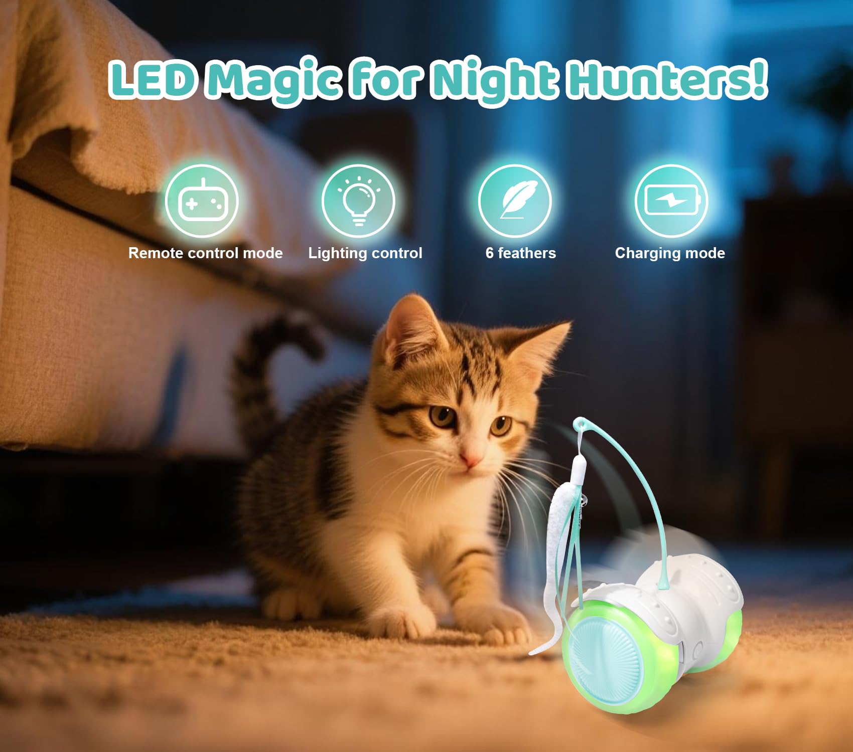 ZeLing HTL Remote Control Cat Toy with Auto Mode - Interactive Cat Toy Feather for Indoor, Moving Cats Catnip Toys & LED to Keep