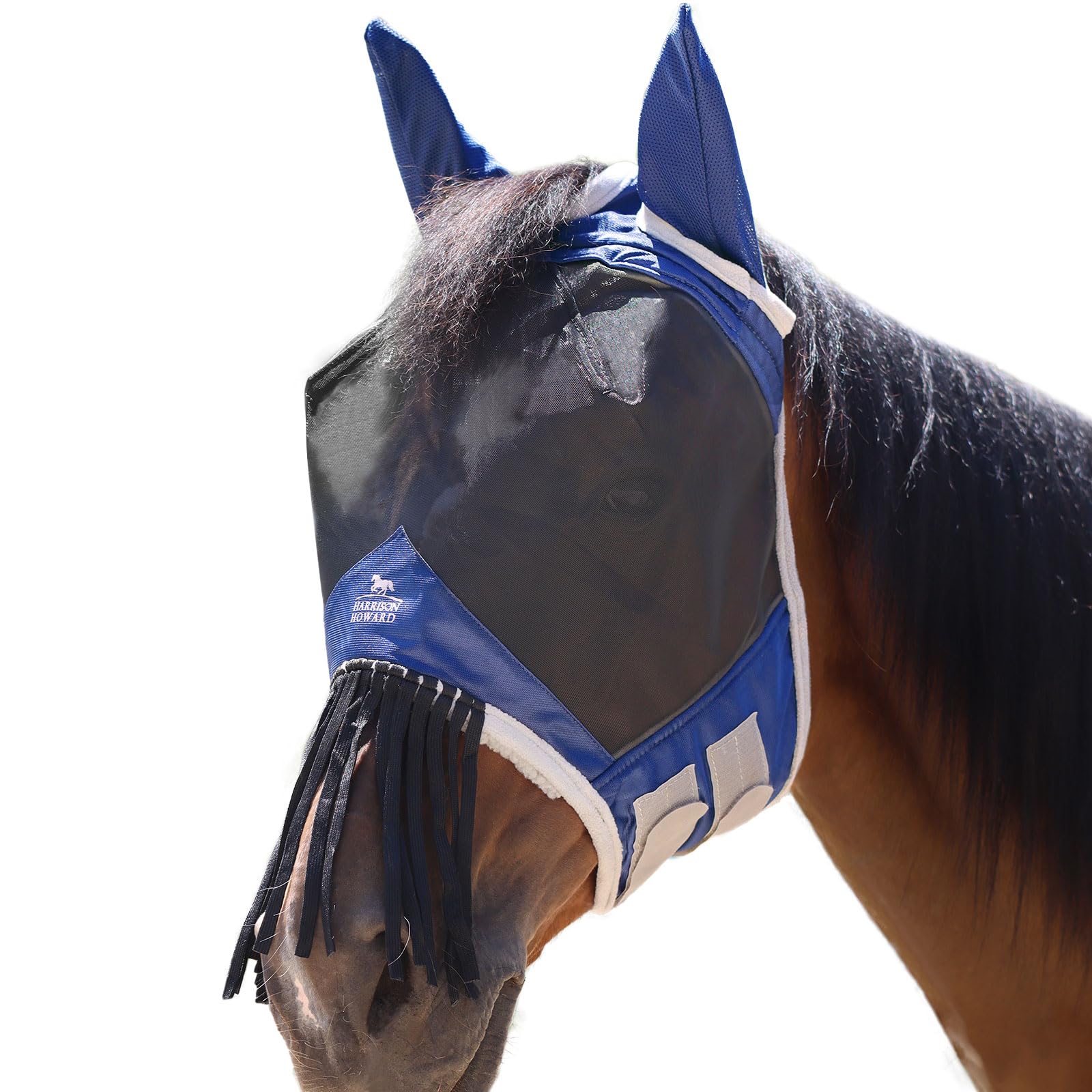 Harrison Howard CareMaster Horse Fly mask with Ears and Nose Fringe Fly Protector Defender Mask Navy Full Size