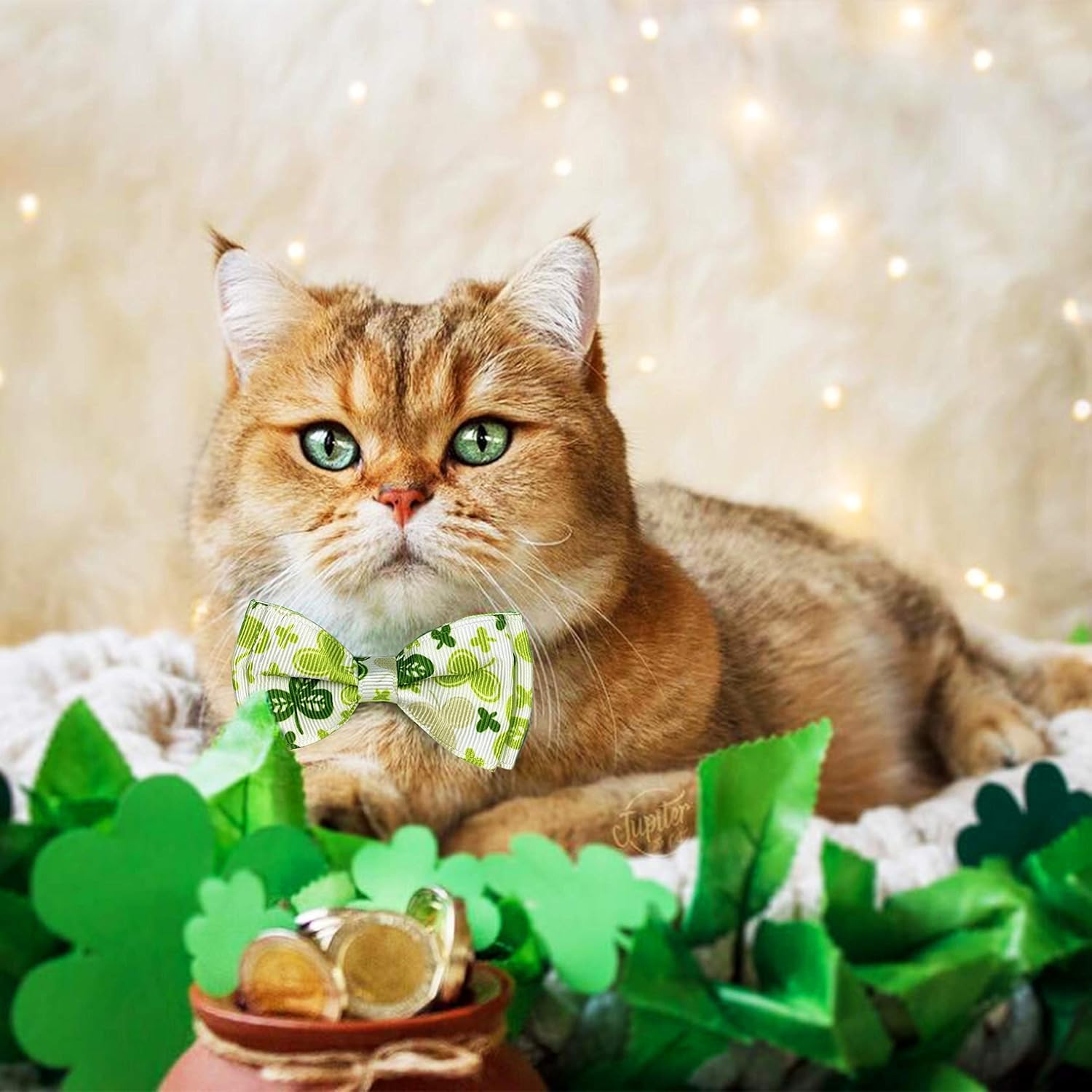 Pohshido St. Patrick'S Day Cat Collar With Bow Tie And Bell, 2-Pack Breakaway Adjustable Lucky Shamrock And Rainbow Kitty Collar