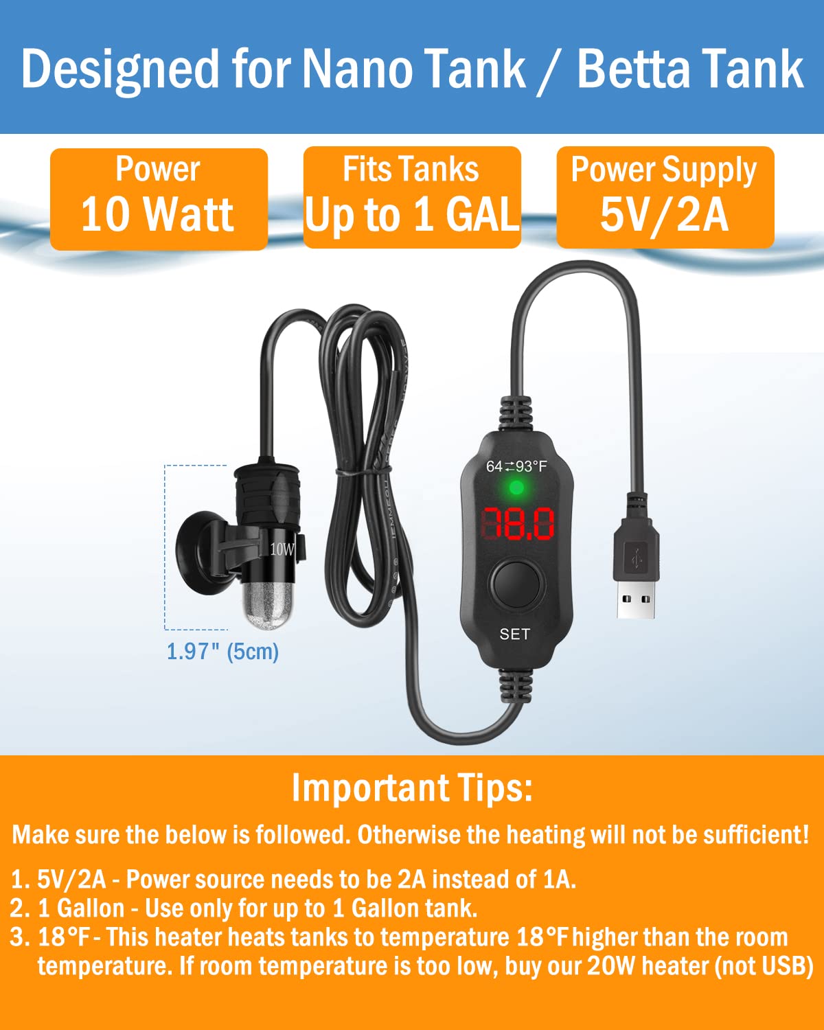 AquaMiracle 10W Adjustable Betta Heater - USB Powered Mini Aquarium Heater with Digital Display, Ideal for Up to 1 Gallon Tanks, Black