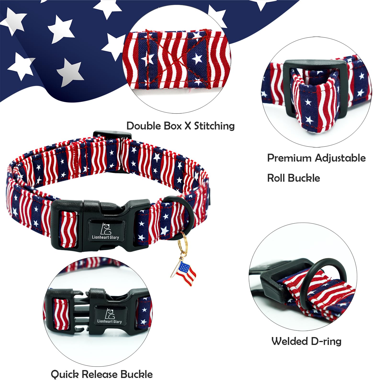 Lionheart Glory American Flag Dog Collar-4 Of July Patriotic Independence Day Dog Collar Heavy Duty Adjustable Dog Collars For S