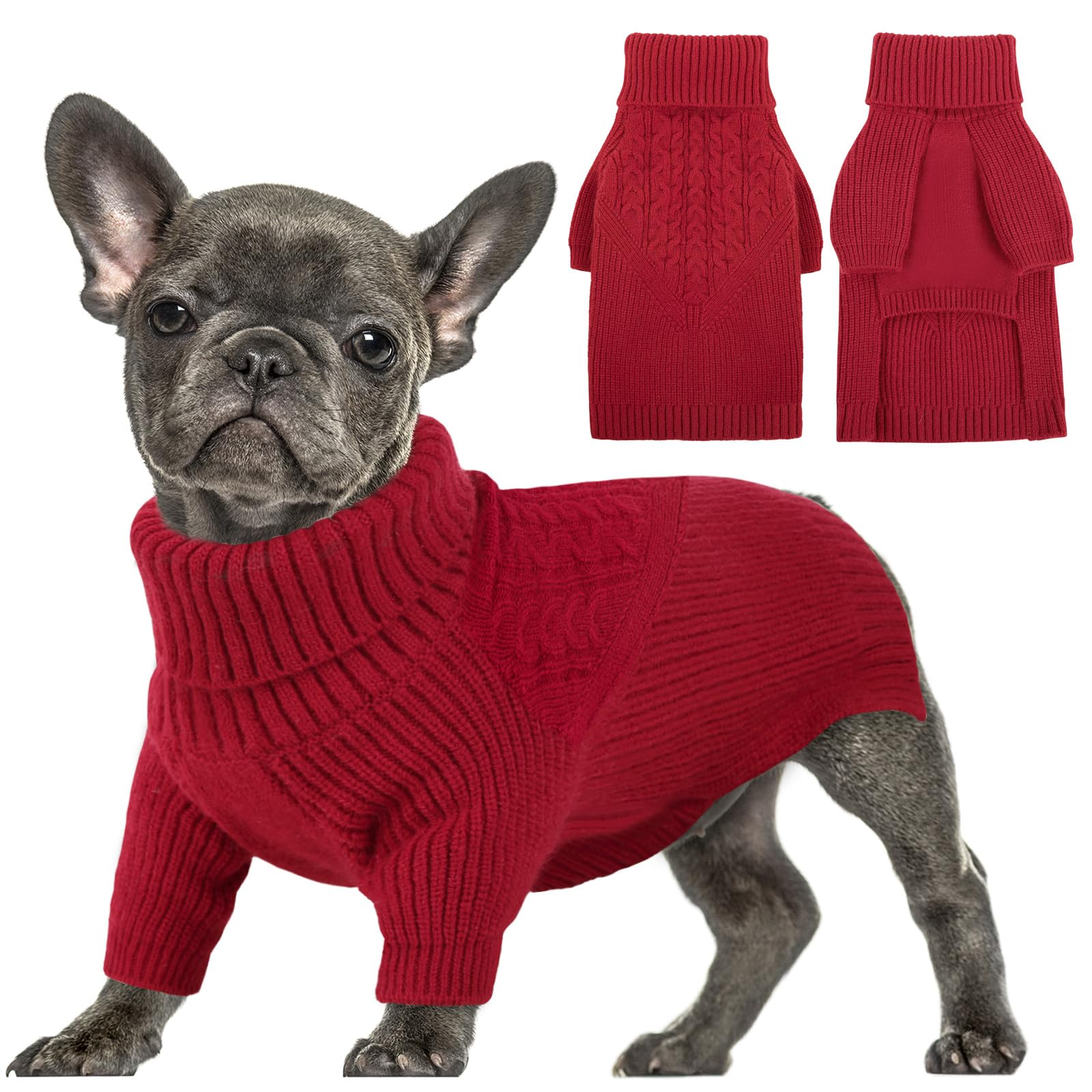 Queenmore Puppy Sweaters - Warm Winter Or Fall Dog Sweaters ( Solid Turtleneck Knit, Red ) For Dog Girls & Boys, Small To Large