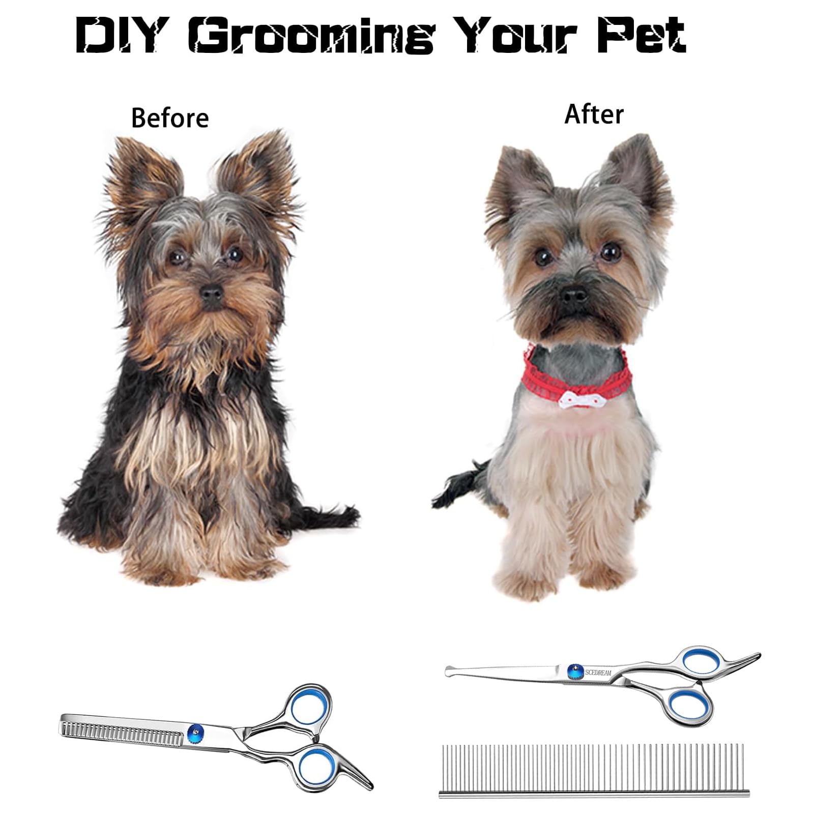 Scedream 3 In 1 Dog Grooming Scissors Kit With Safety Round Tips - Professional Pet Grooming Shears, 4Cr Stainless Steel, Blue