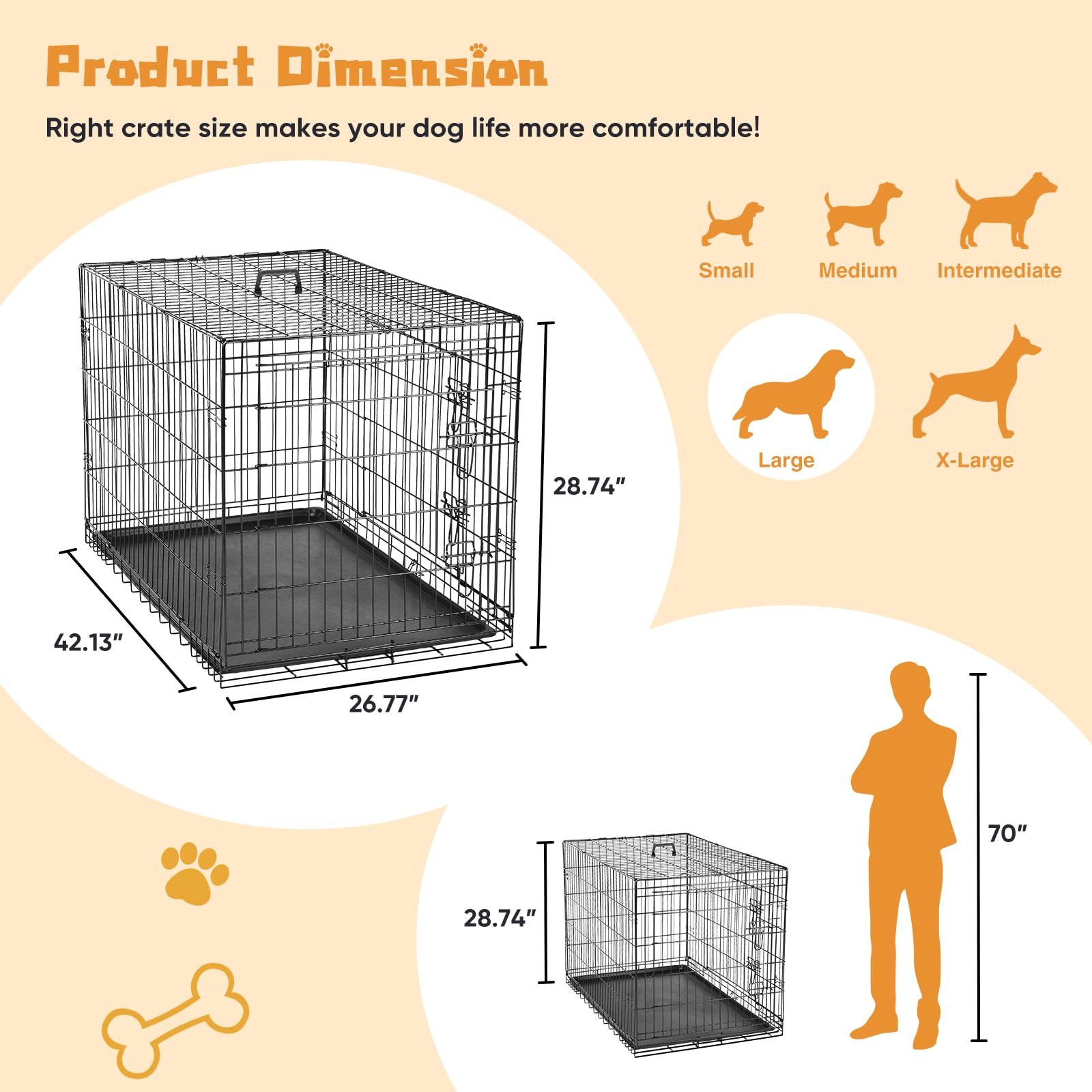 Dumos Dog Crate, 42 Inch Large Double Door Dog Cage With Divider Panel And Plastic Leak-Proof Pan Tray, Folding Metal Wire Pet K