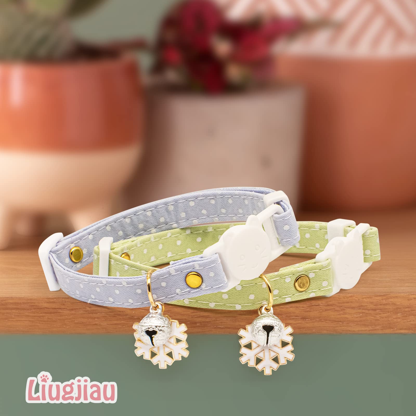 2 Pack Cotton Breakaway Cat Collar With Bell,Green & Blue White Snowflake Pendant Cute Cat Collar Kitten Collar,Ideal For Girl C